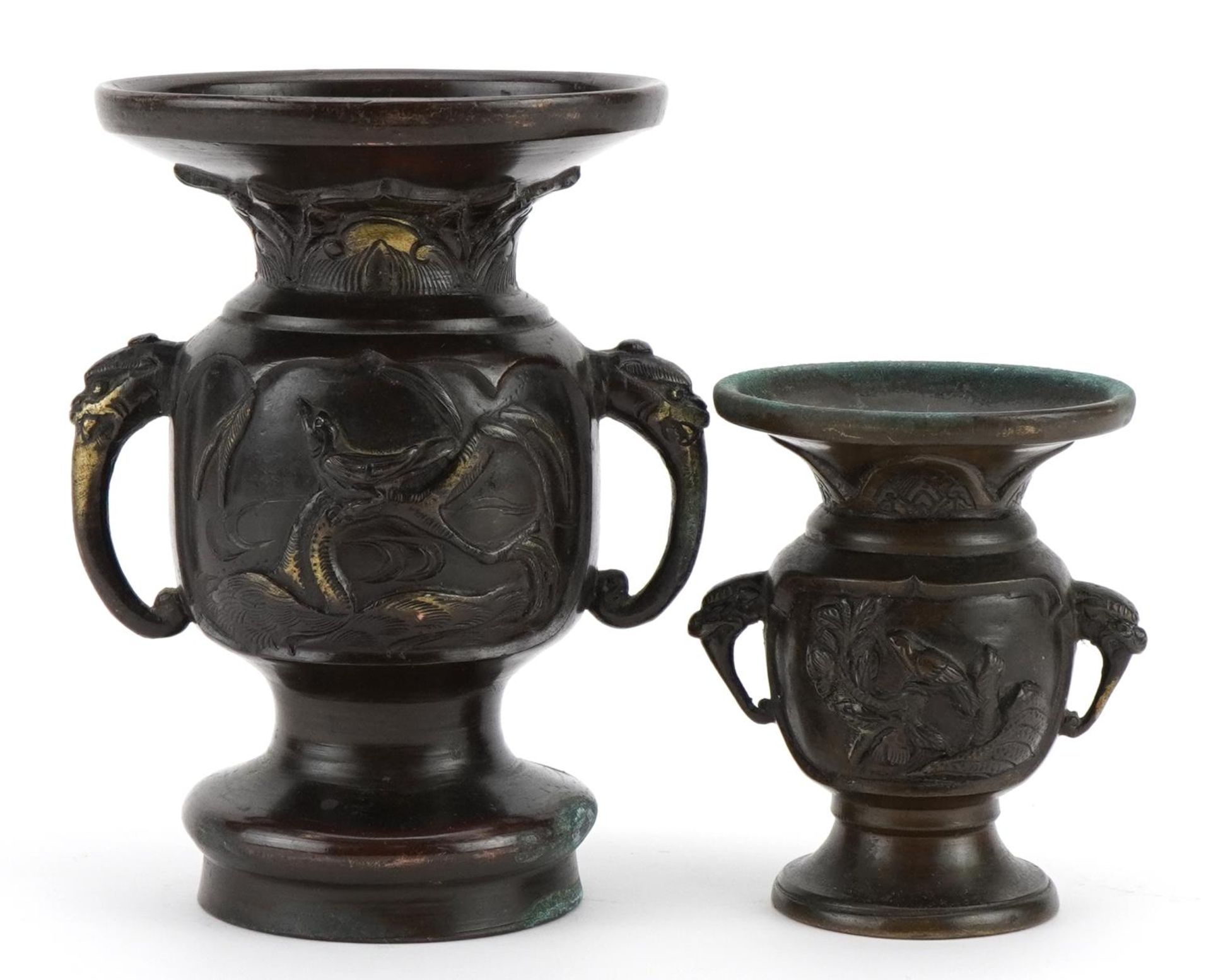 Two Japanese bronze vases, each with twin elephant head handles and decorated in relief with birds - Image 2 of 3
