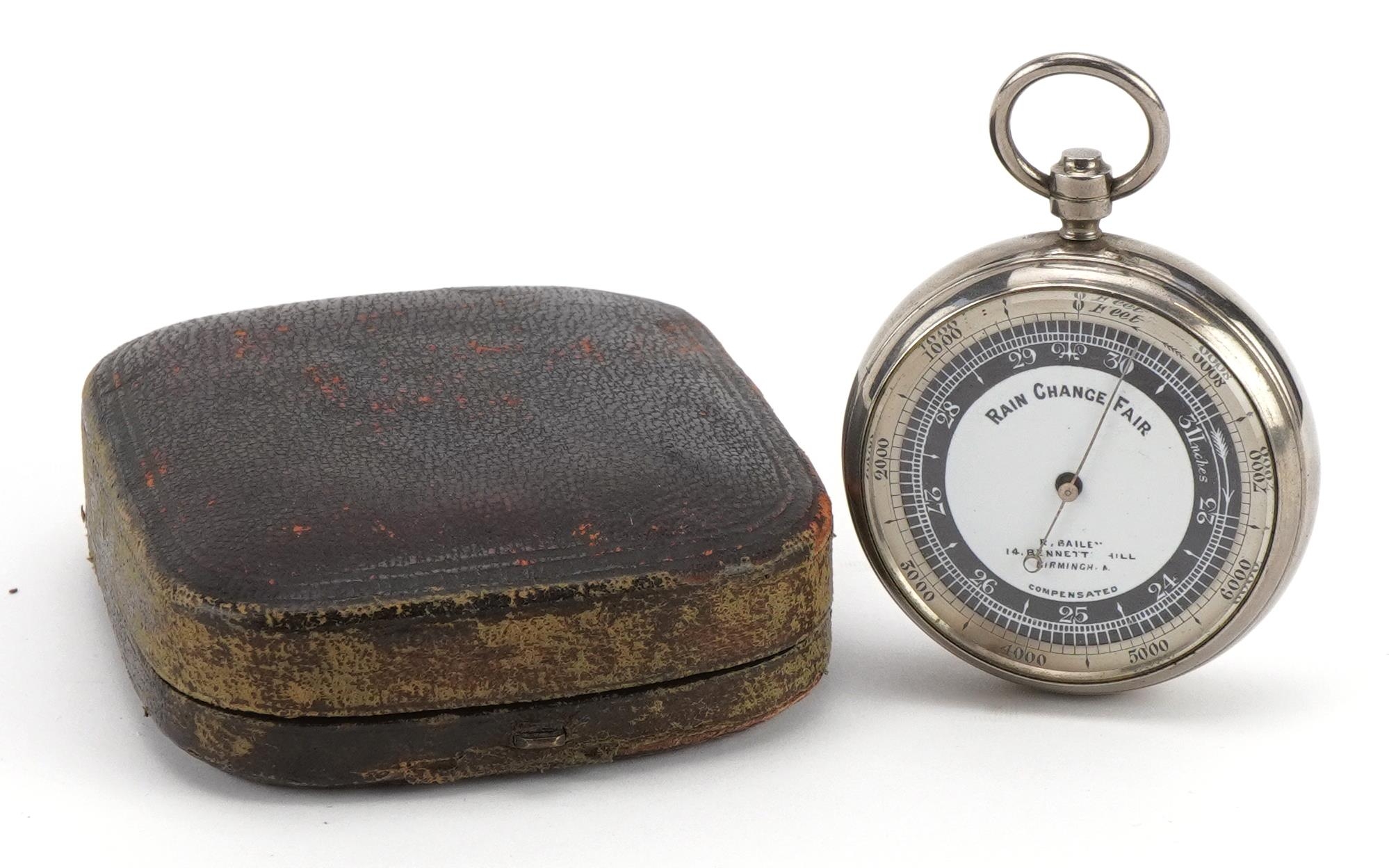 Late 19th century steel cased compensated pocket barometer retailed by R Bailey of Birmingham,