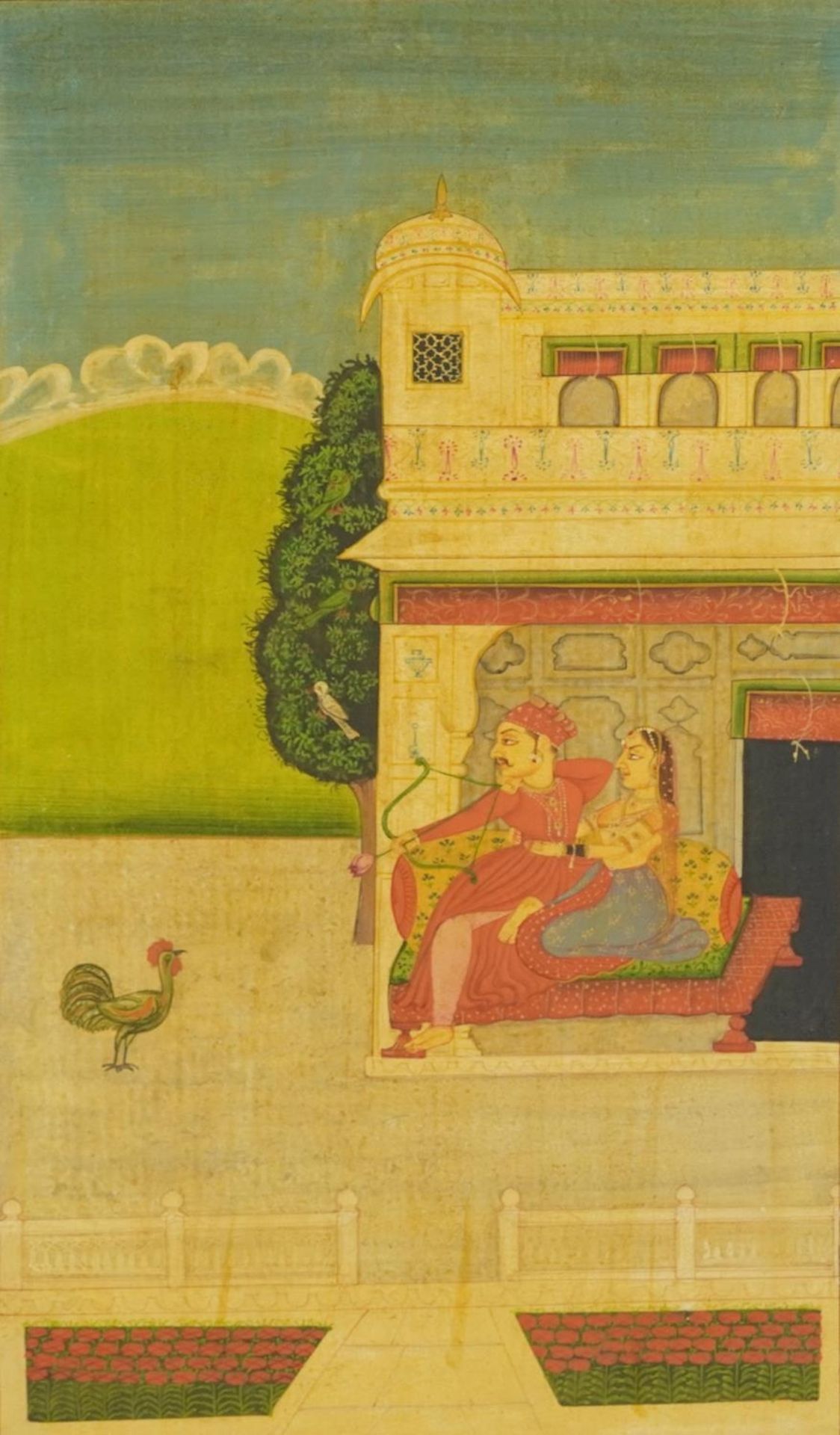 Two figures and a chicken before a palace setting, Indian Mughal school watercolour on card,