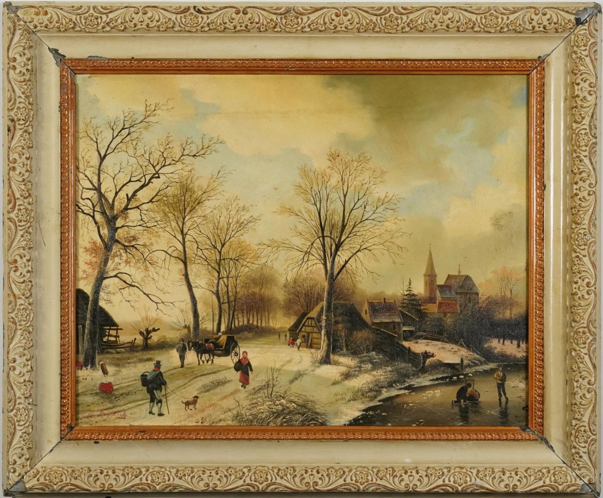 Dutch winter landscape with figures before a church, oil on board, mounted and framed, 52.5cm x 41cm - Bild 2 aus 4