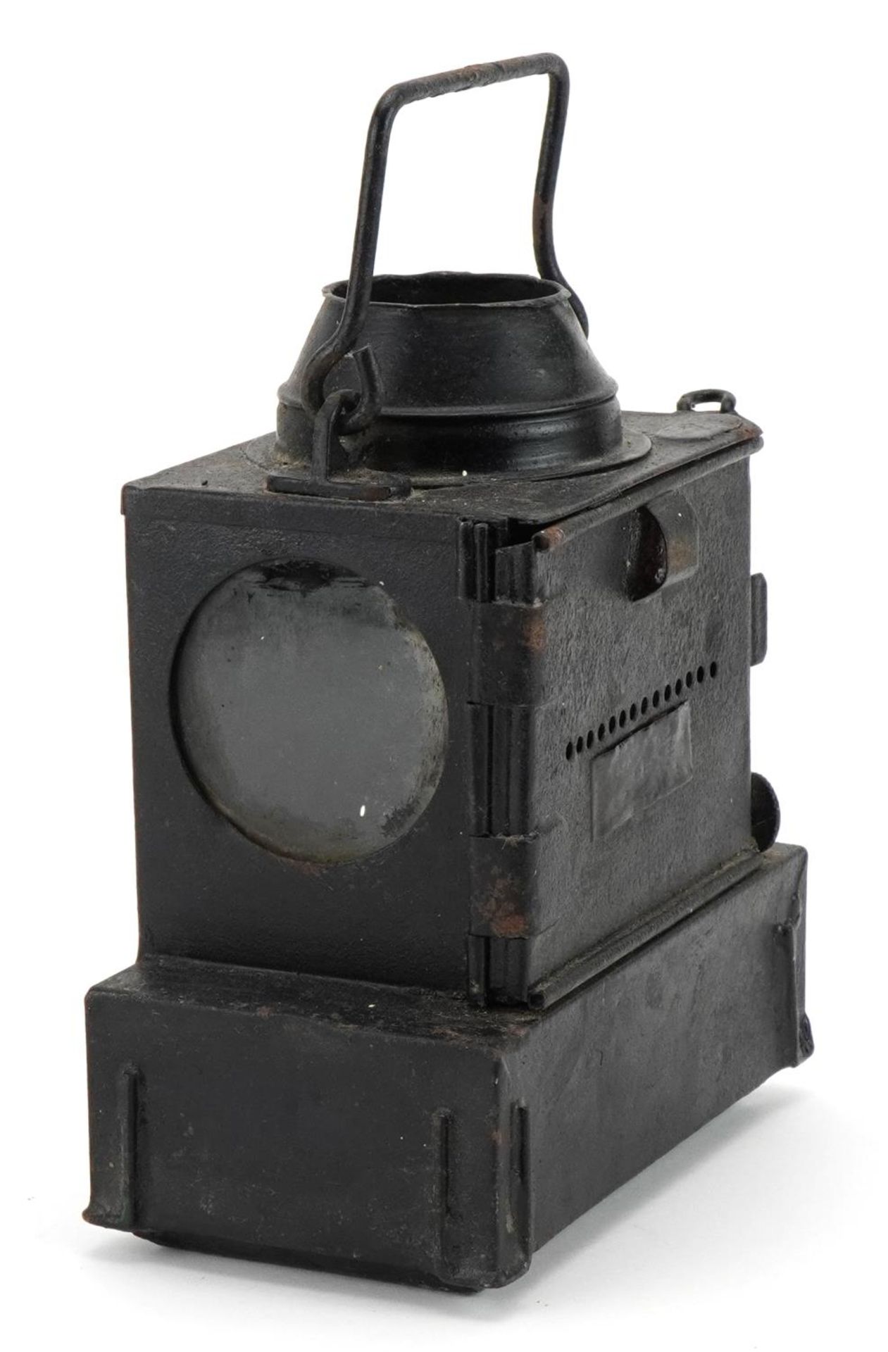 Vintage railway interest black enamel lantern with swing handle, 20cm high - Image 2 of 3
