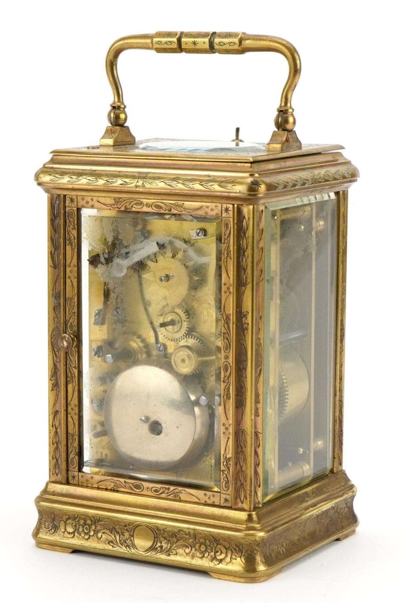 Large brass cased repeating carriage alarm clock engraved with flowers, the enamelled dial with - Image 2 of 5