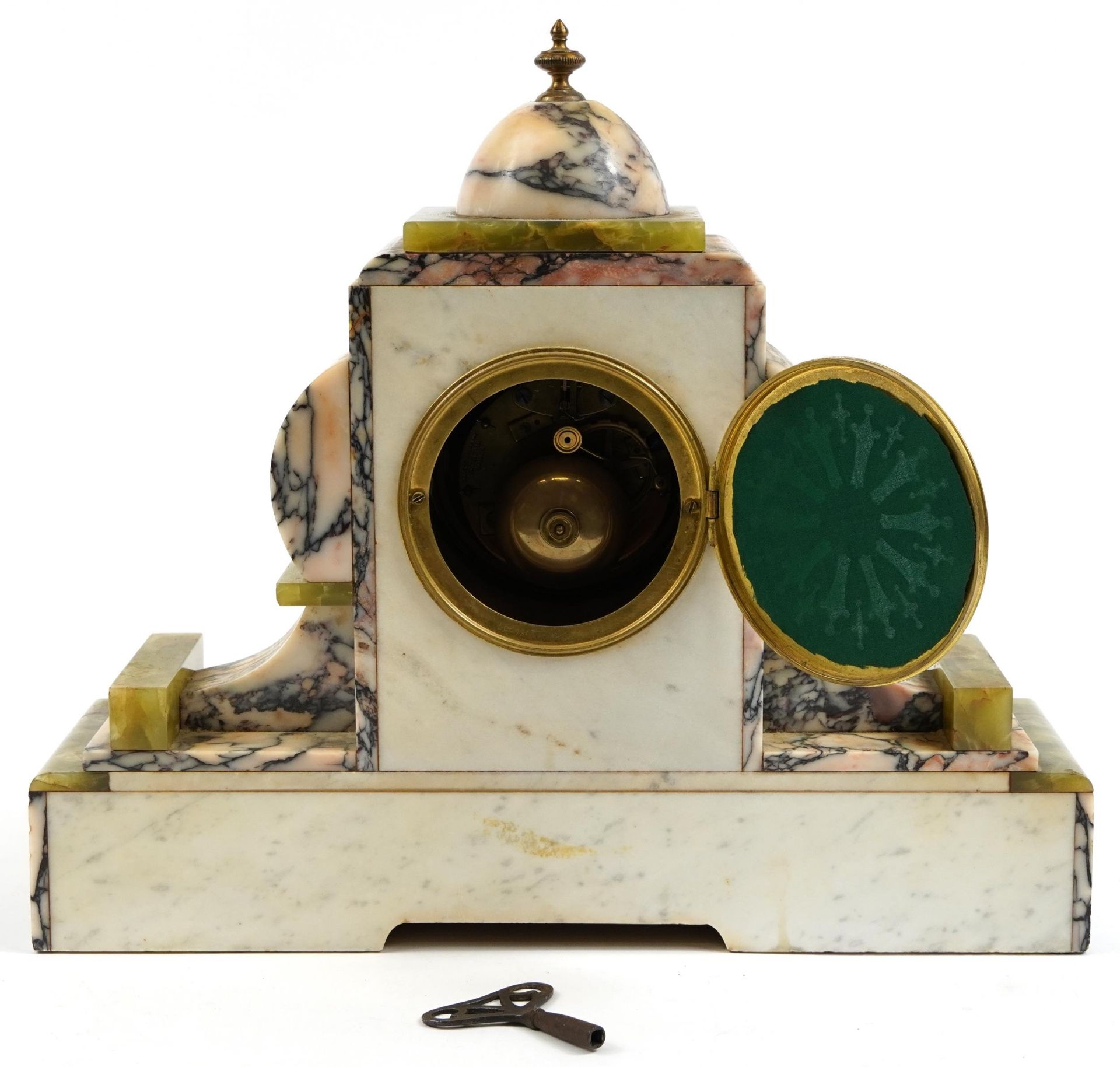 Art Deco marble and green onyx striking mantle clock, the enamelled dial having Arabic numerals, - Image 2 of 2