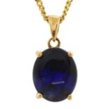 9ct gold blue stone pendant on an 18ct gold curb link necklace, 1.8cm high and 50.5cm in length,