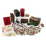 Sundry items including world coins, banknotes, Brownie camera, costume jewellery, wristwatches and