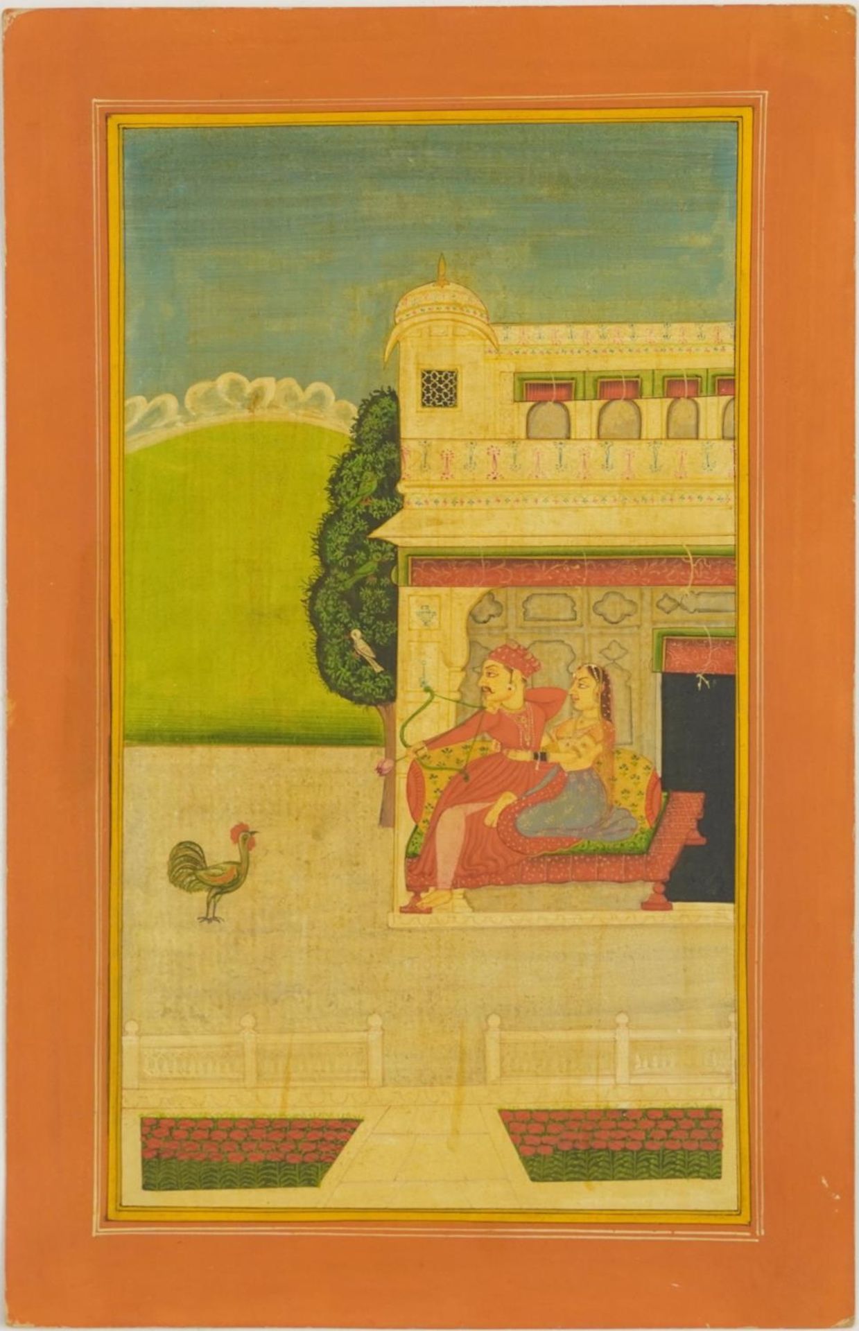 Two figures and a chicken before a palace setting, Indian Mughal school watercolour on card, - Image 2 of 3