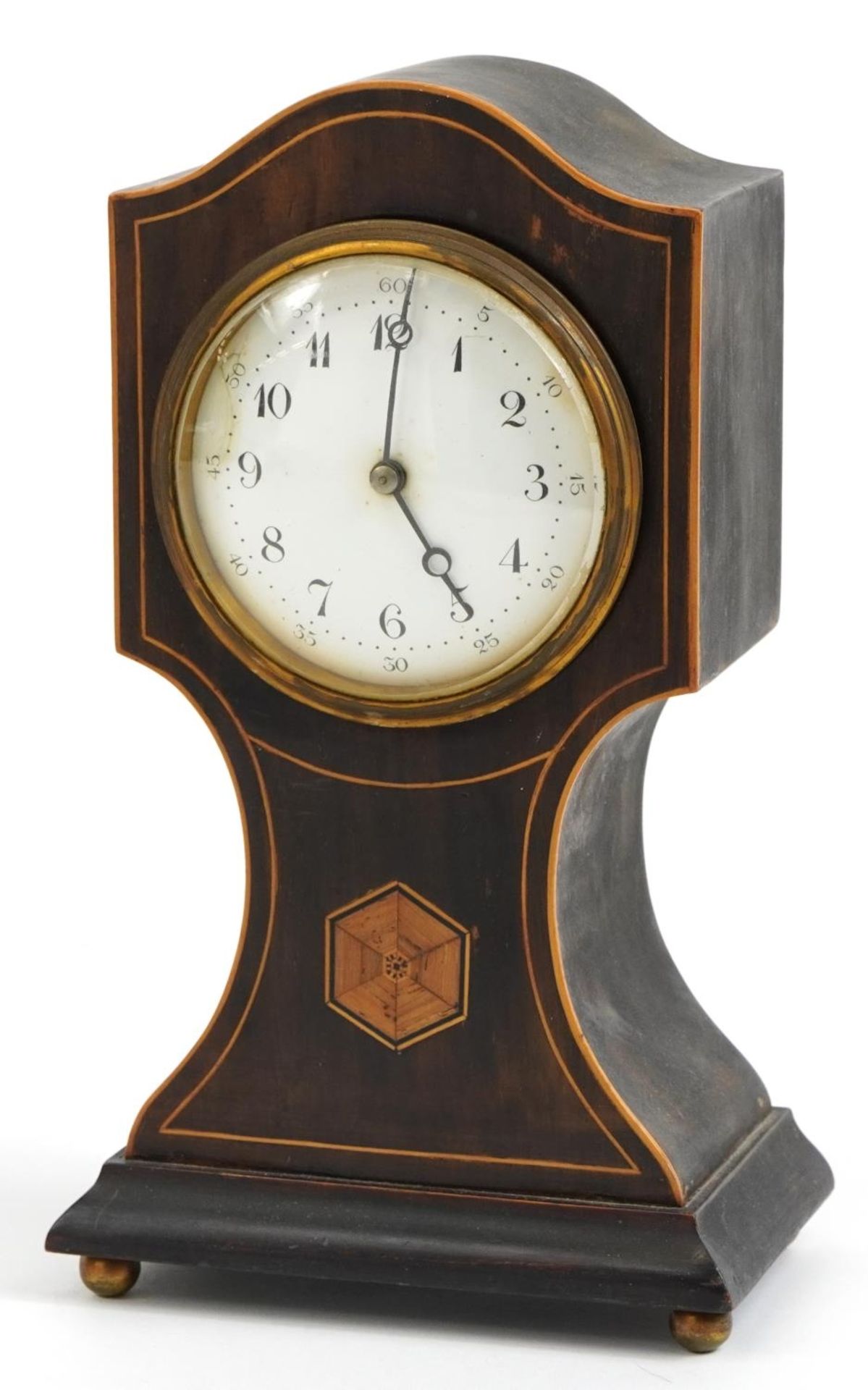 Edwardian inlaid mahogany mantle clock, the enamelled dial having Arabic numerals, 25cm high