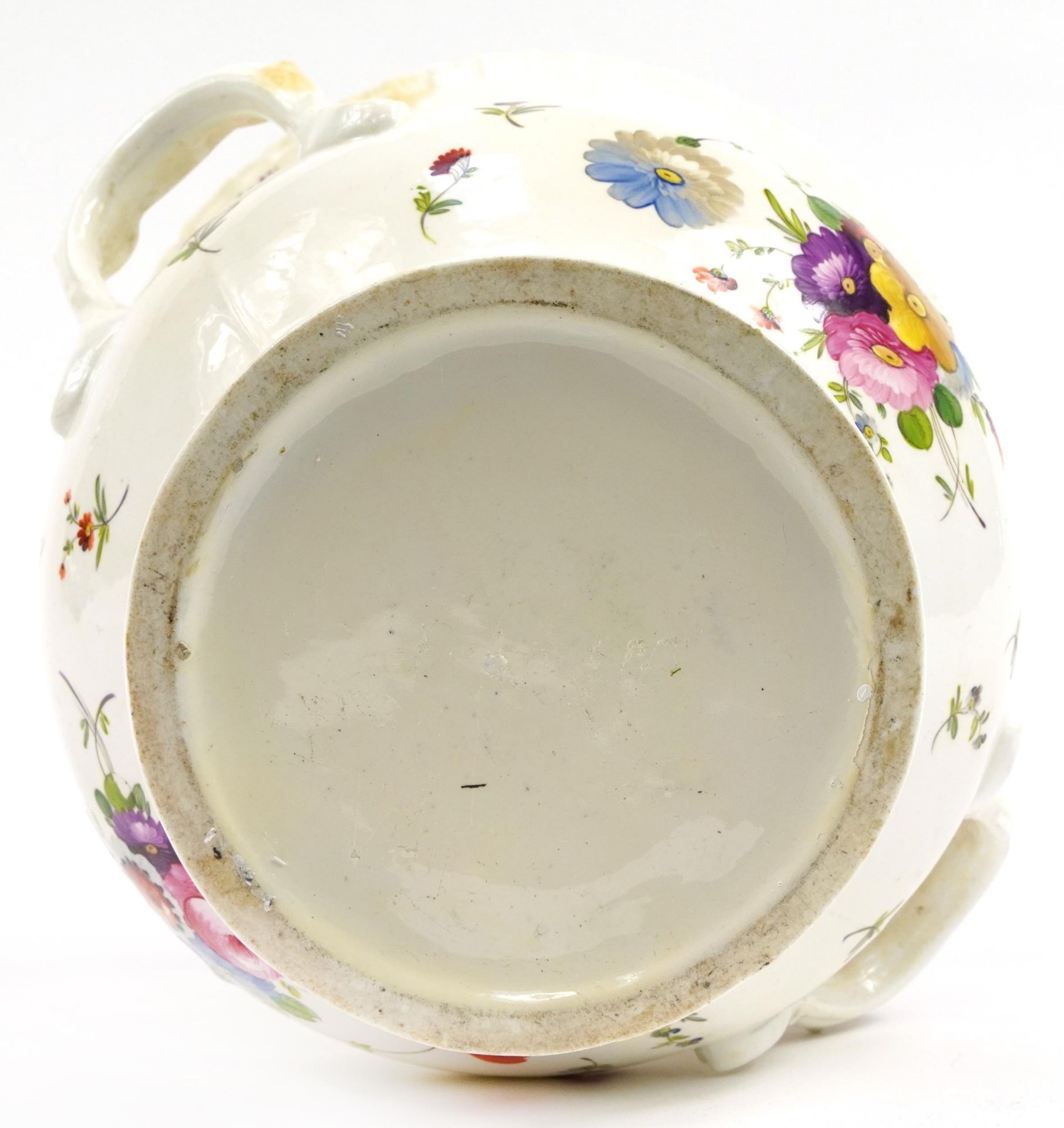 Large 19th century Staffordshire pottery vase and cover with twin handles hand painted with flowers, - Image 3 of 3