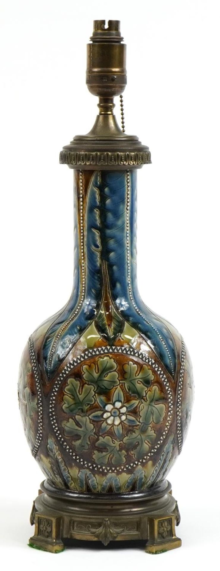 Manner of Royal Doulton, Art Nouveau stoneware vase table lamp with bronzed mounts incised with