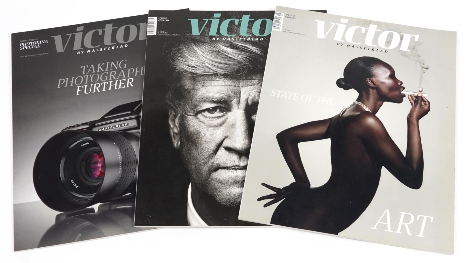 Three Victor by Hasselblad photography magazines comprising State of the Art, Lynch Exclusive and