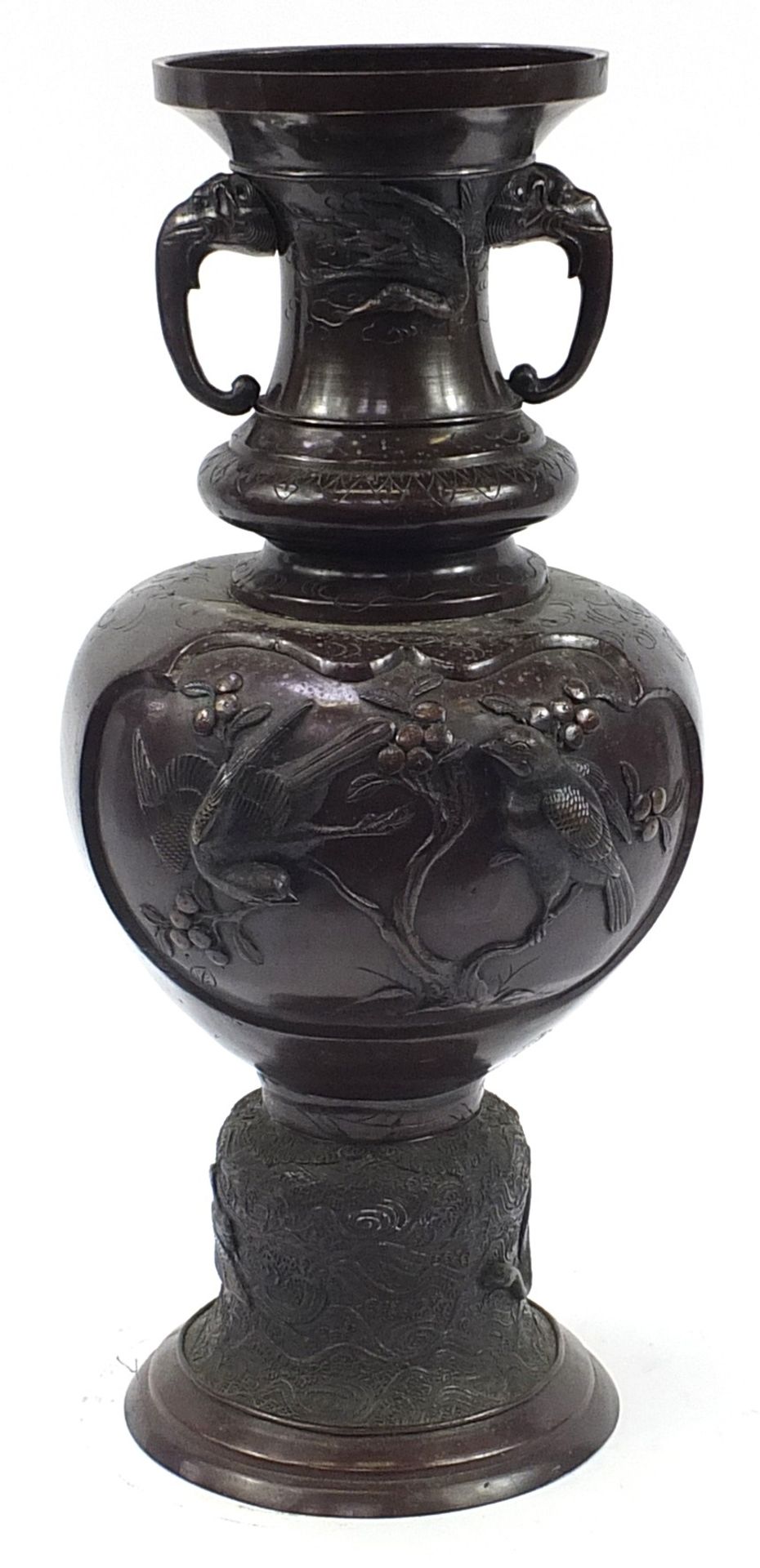 Large Japanese floor standing patinated bronze vase with twin handles decorated in relief with - Image 2 of 4