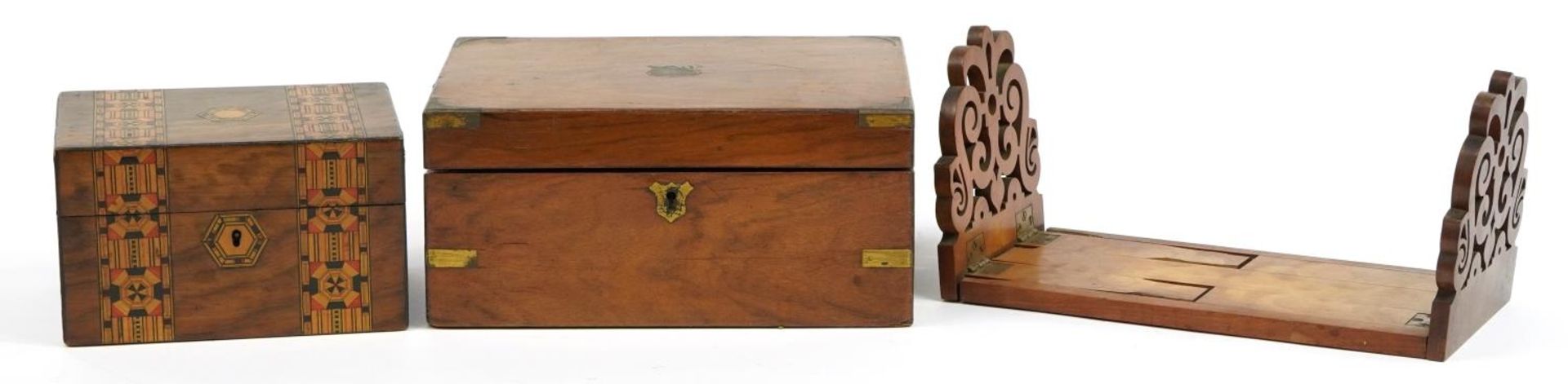 19th century campaign style mahogany writing slope, inlaid workbox and a folding book slide, the