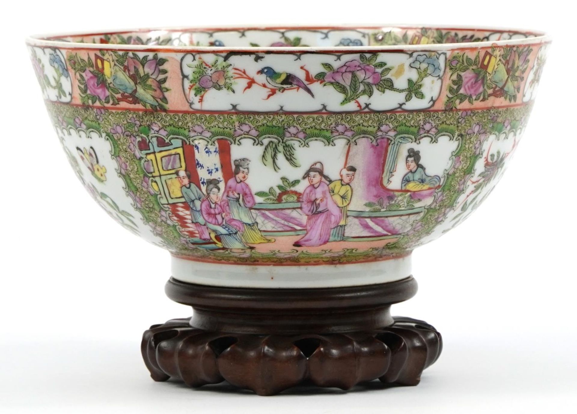 Chinese Canton porcelain bowl raised on hardwood stand hand painted in the famille rose palette with - Bild 2 aus 4
