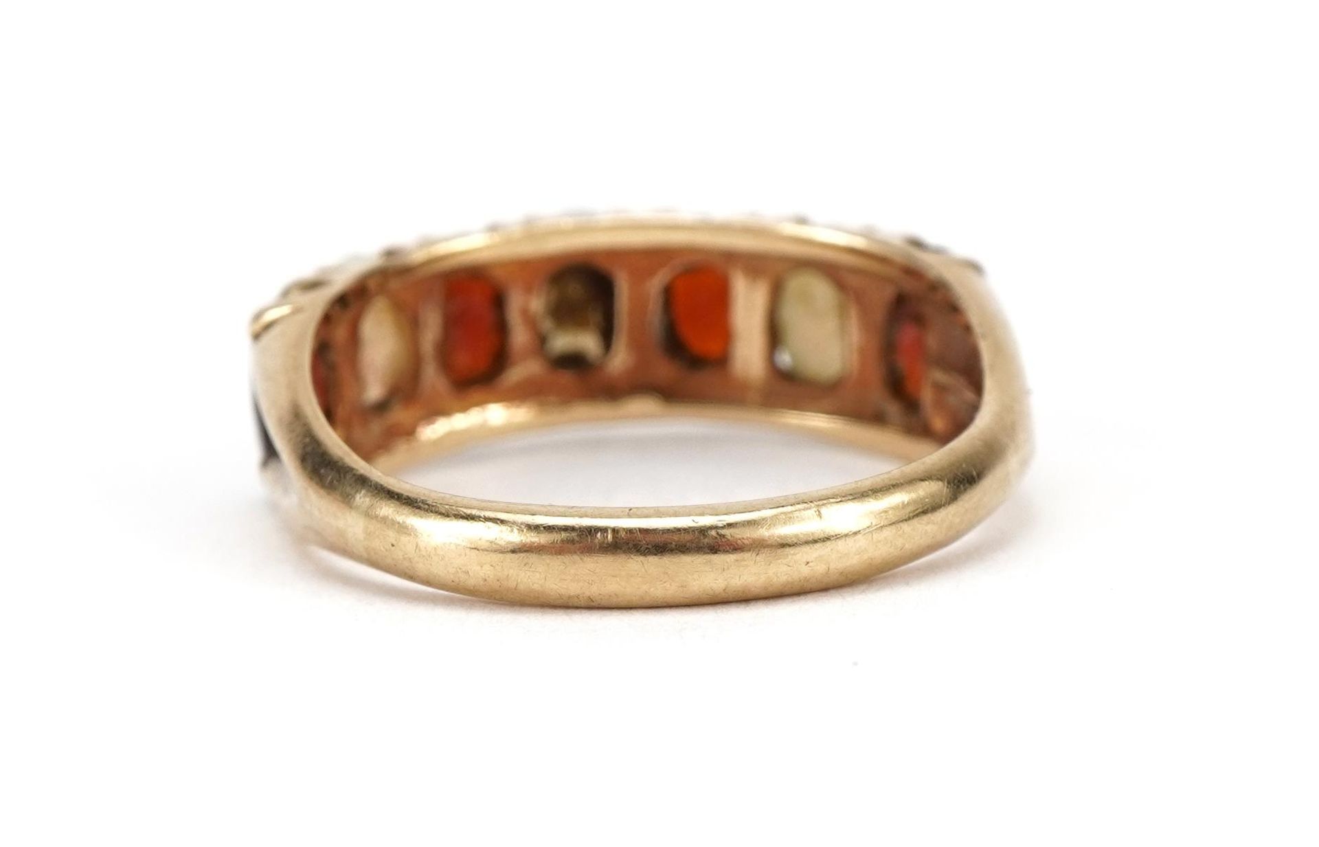 9ct gold opal and garnet seven stone ring, size L, 2.5g - Image 2 of 3