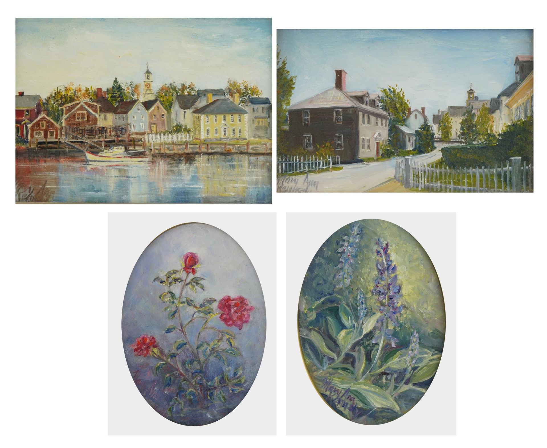 Mary Ann Kennedy - Still life flowers and village street scenes, four oil on boards, each with label