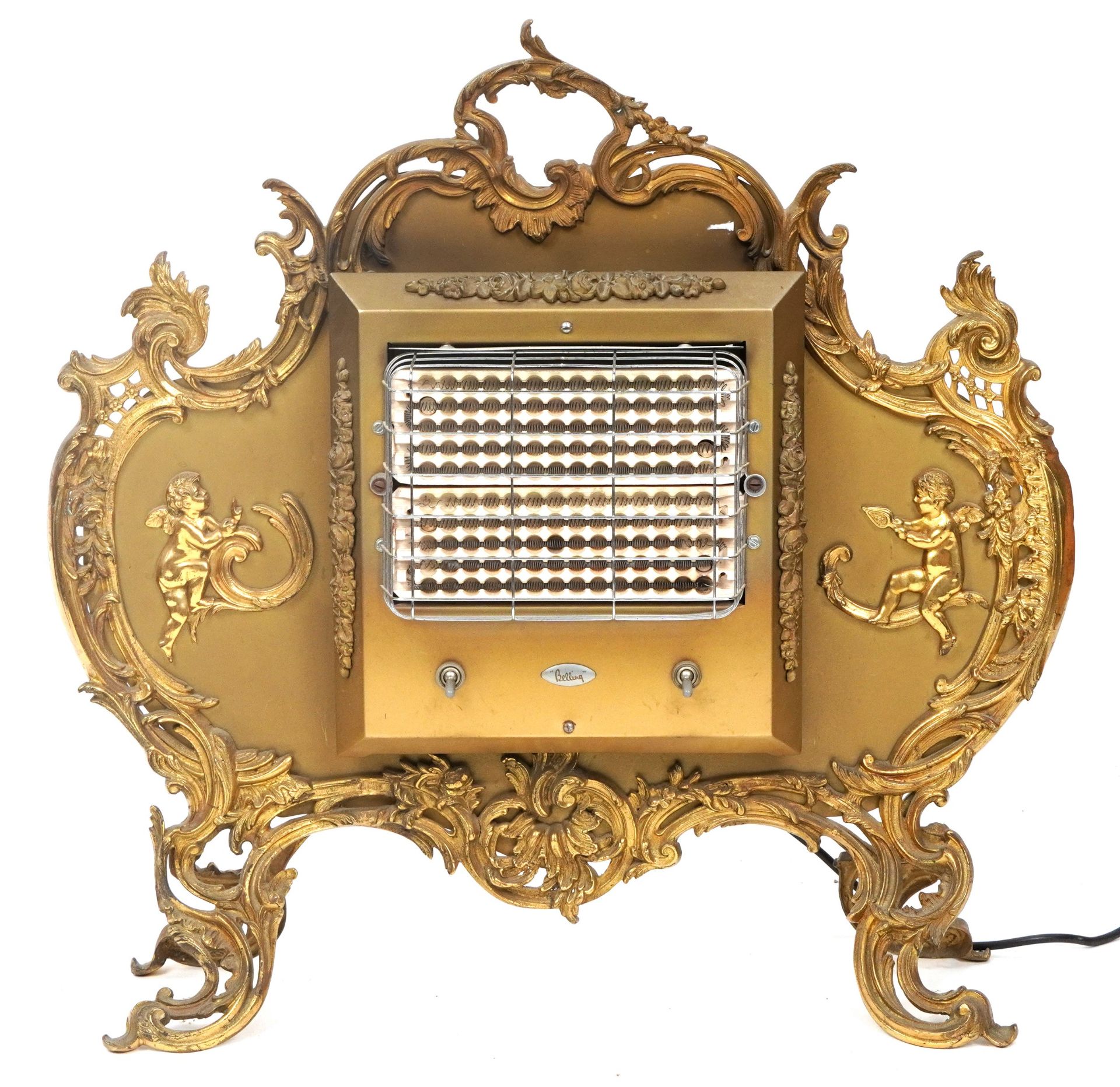 Rococo style gilt brass Belling electric heater mounted with Putti, 71cm high x 70cm wide