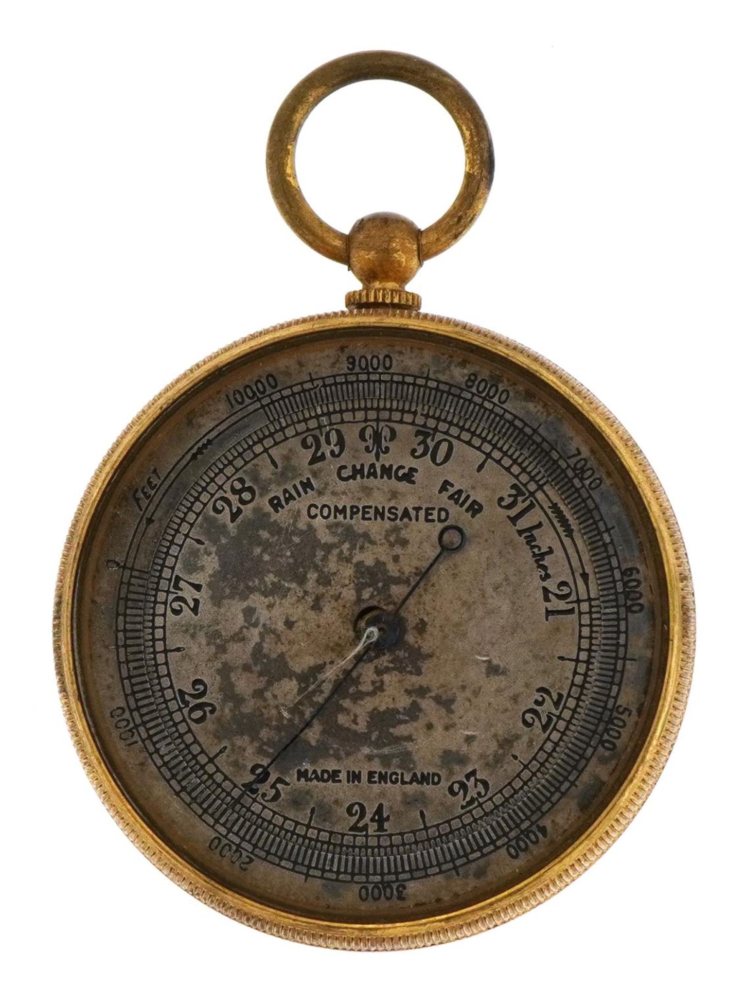 Gilt brass compensated pocket barometer, 5cm in diameter