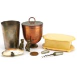 Sundry items including an antique travel corkscrew, shell purse and a naval interest Board of