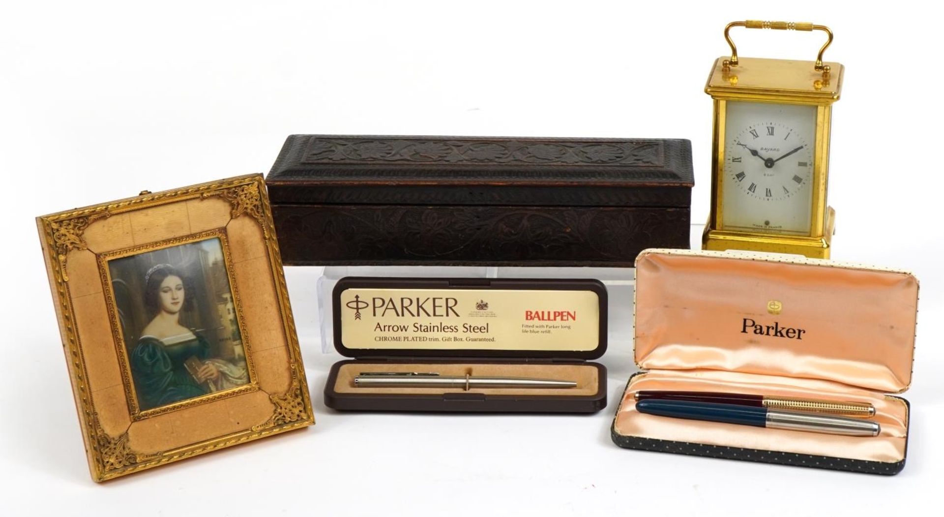 Sundry items including a Bayard eight day carriage clock, Parker 65 with gold nib, Parker 51 and