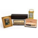Sundry items including a Bayard eight day carriage clock, Parker 65 with gold nib, Parker 51 and