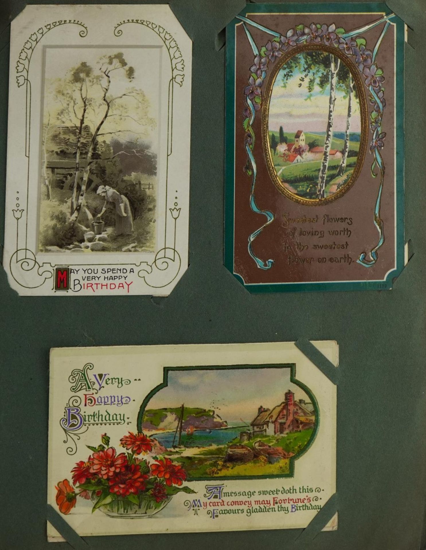 Early 20th century and later topographical and social history postcards arranged in an album, some