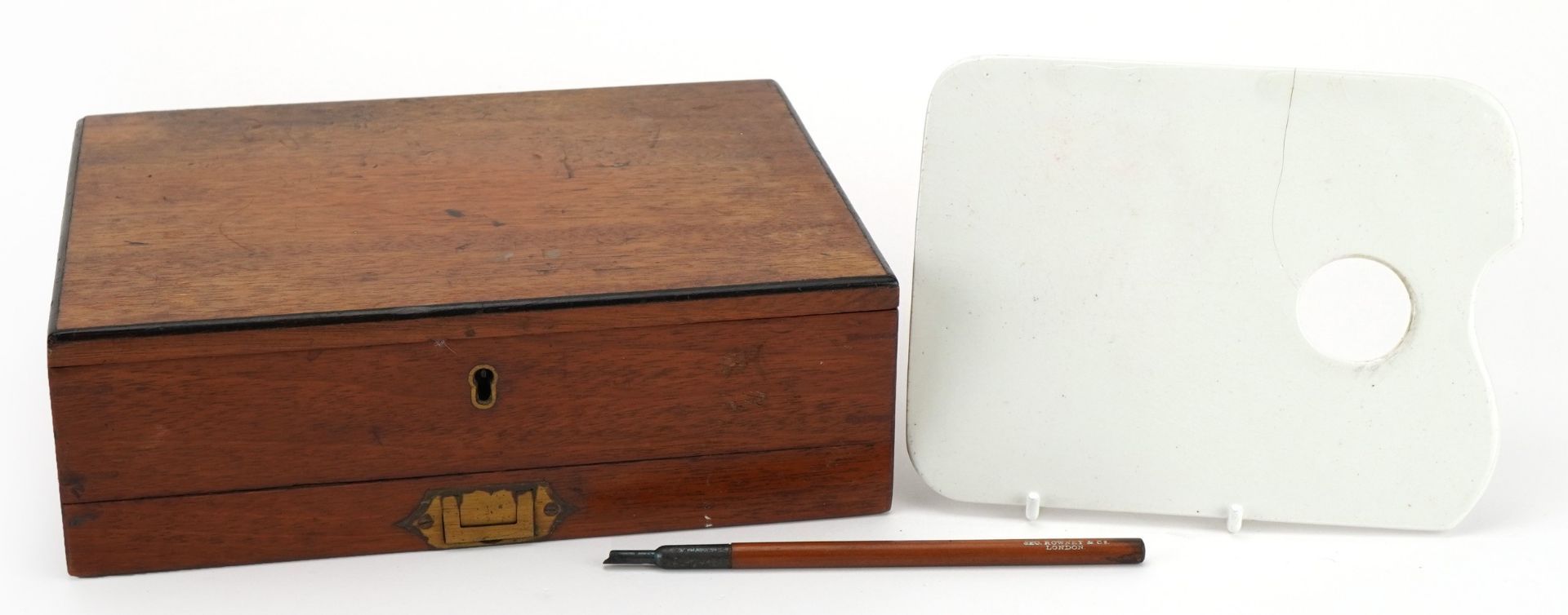 Victorian mahogany artist's box with ebony stringing with ceramic palette board, Lechertier