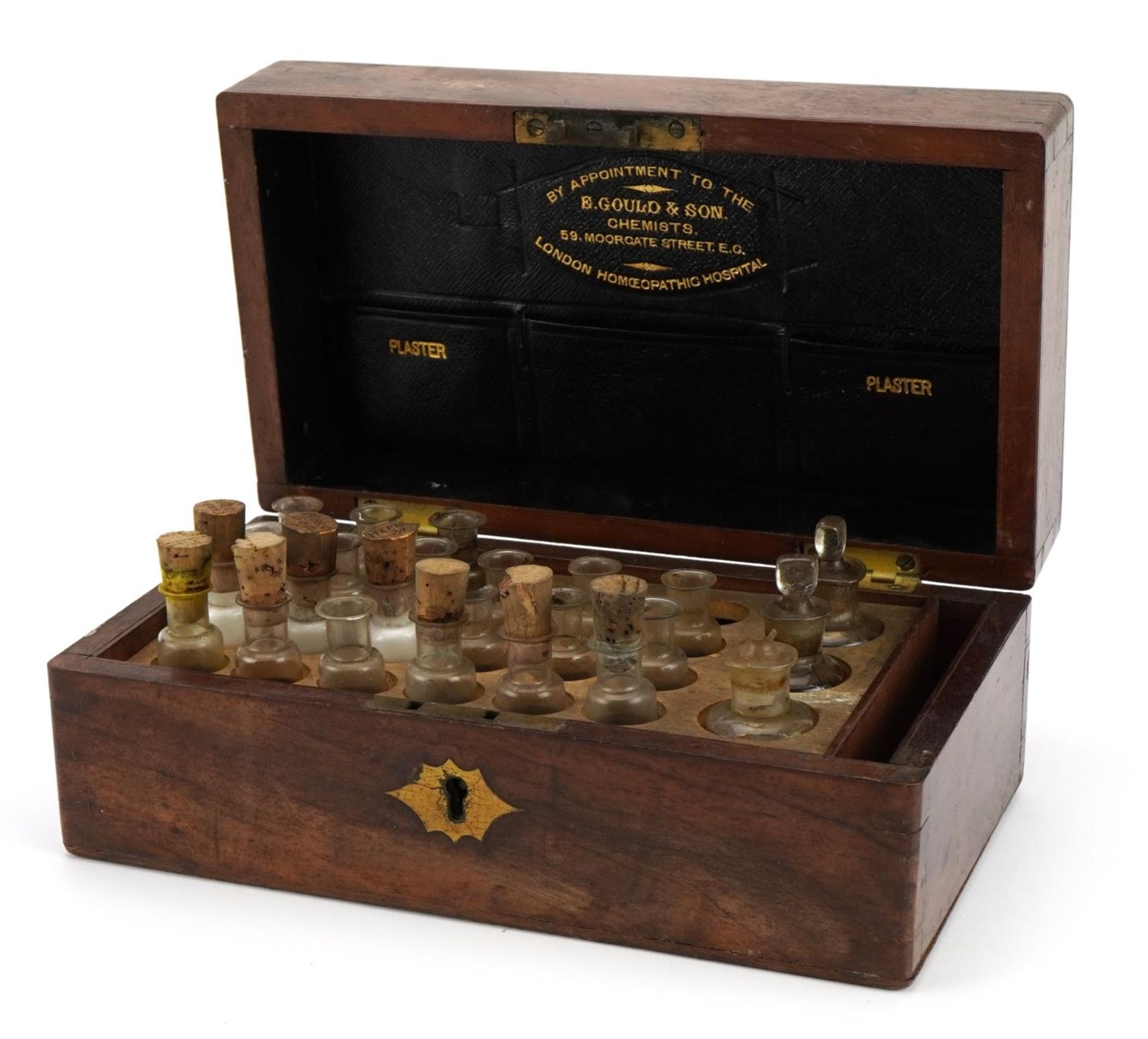 Victorian mahogany apothecary box with glass bottles with leather lining and impressed By