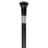 Wooden walking stick with ebonised handle and silver collar by B M & Co London 1922, 92cm in length