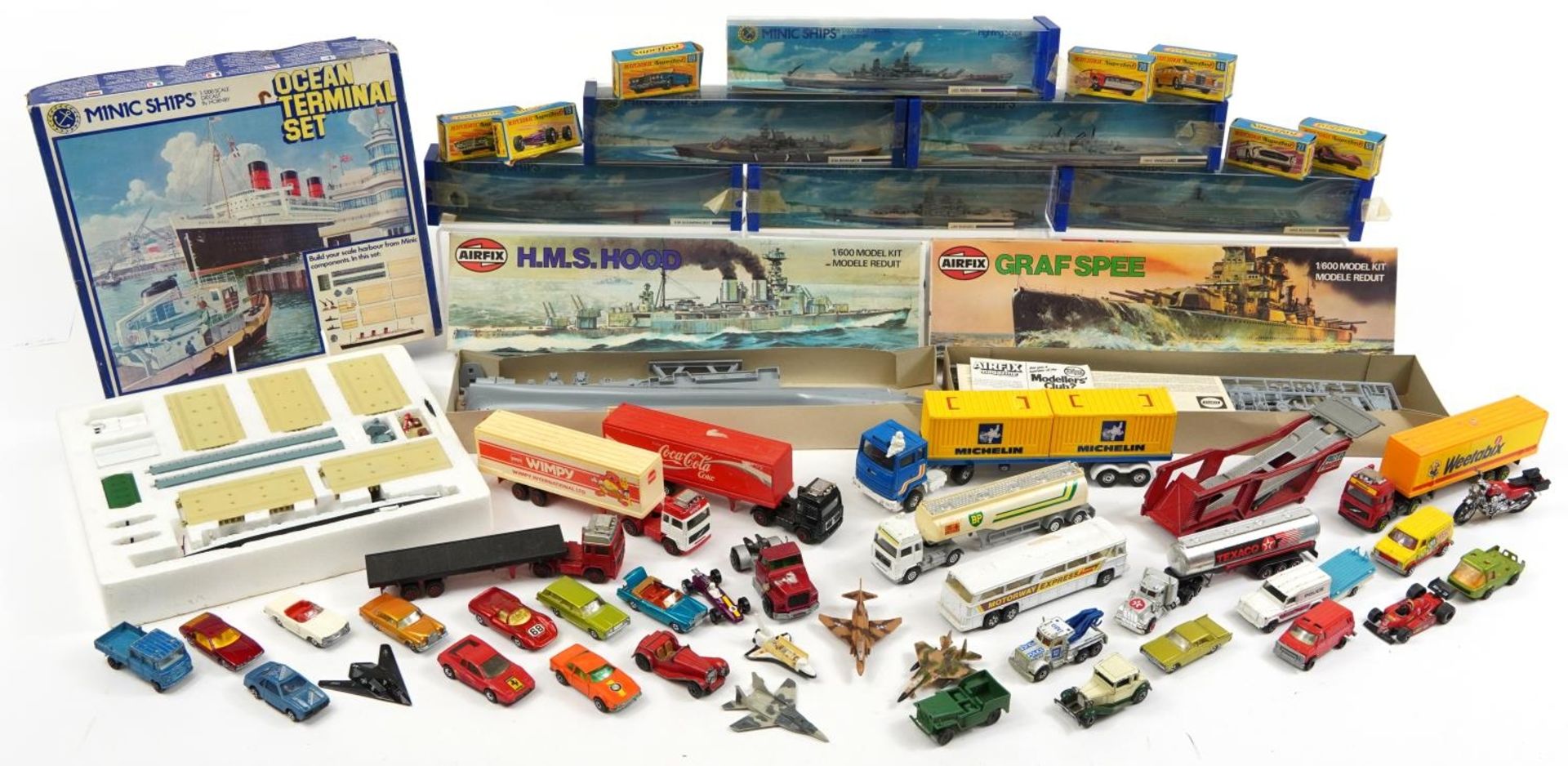 Vintage and later diecast vehicles including Corgi advertising container lorries, Matchbox, Airfix