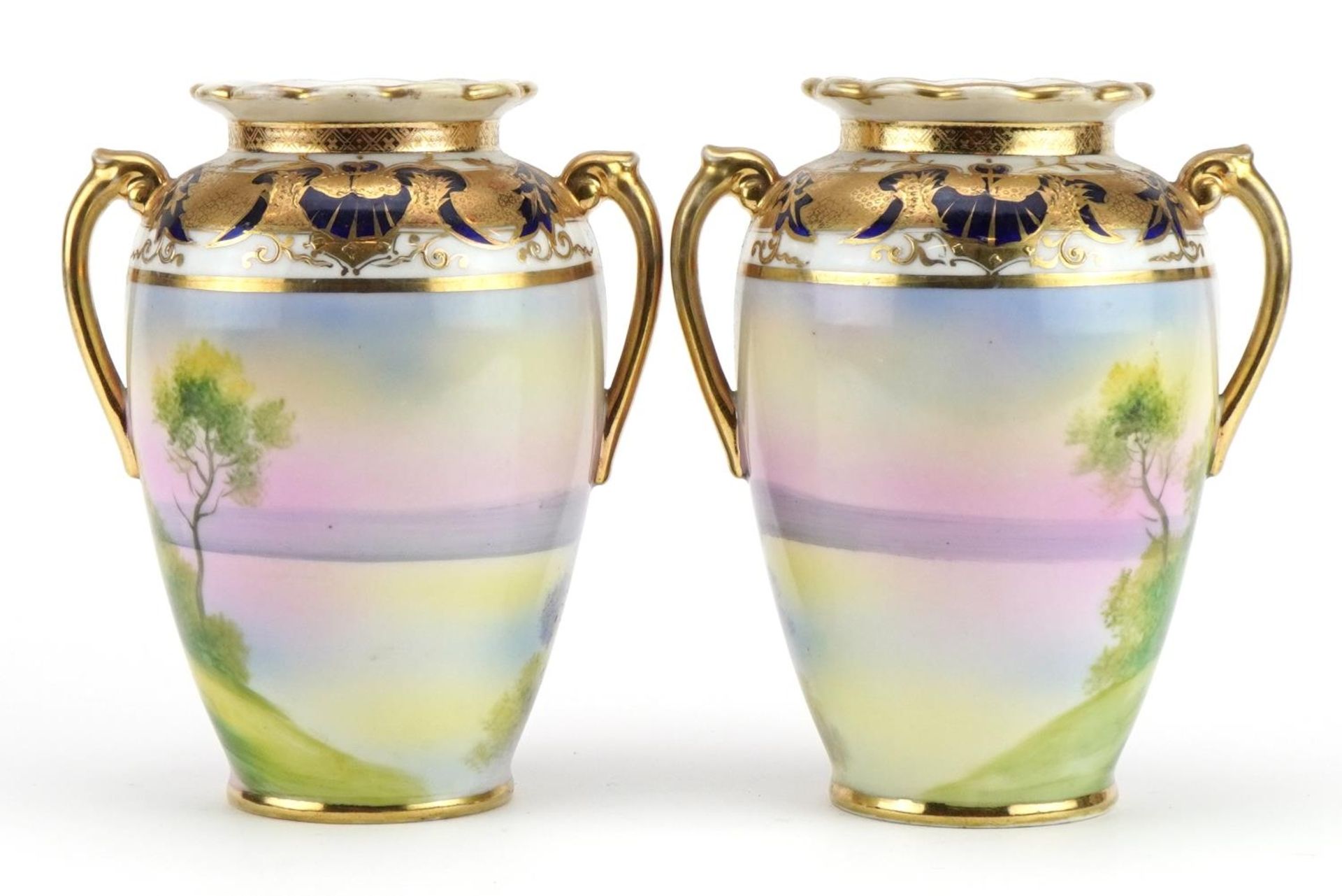 Pair of Noritake Japanese porcelain vases with twin handles, each hand painted with cottages - Image 2 of 4