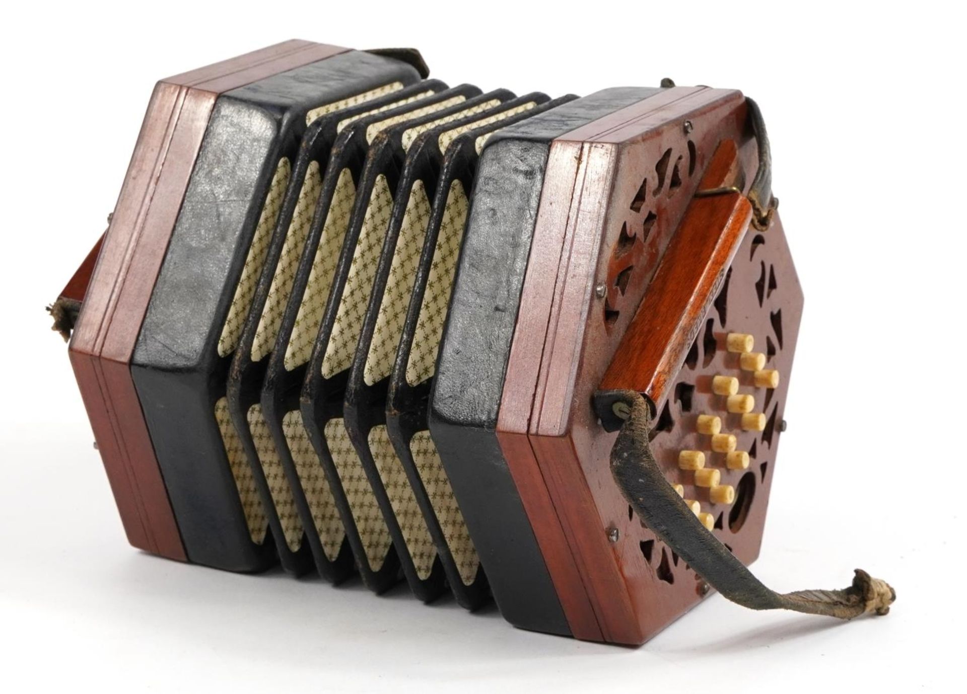 Lachenal & Co mahogany cased thirty one button concertina with case, retailed by Douglas & Co, 7 - Bild 2 aus 7