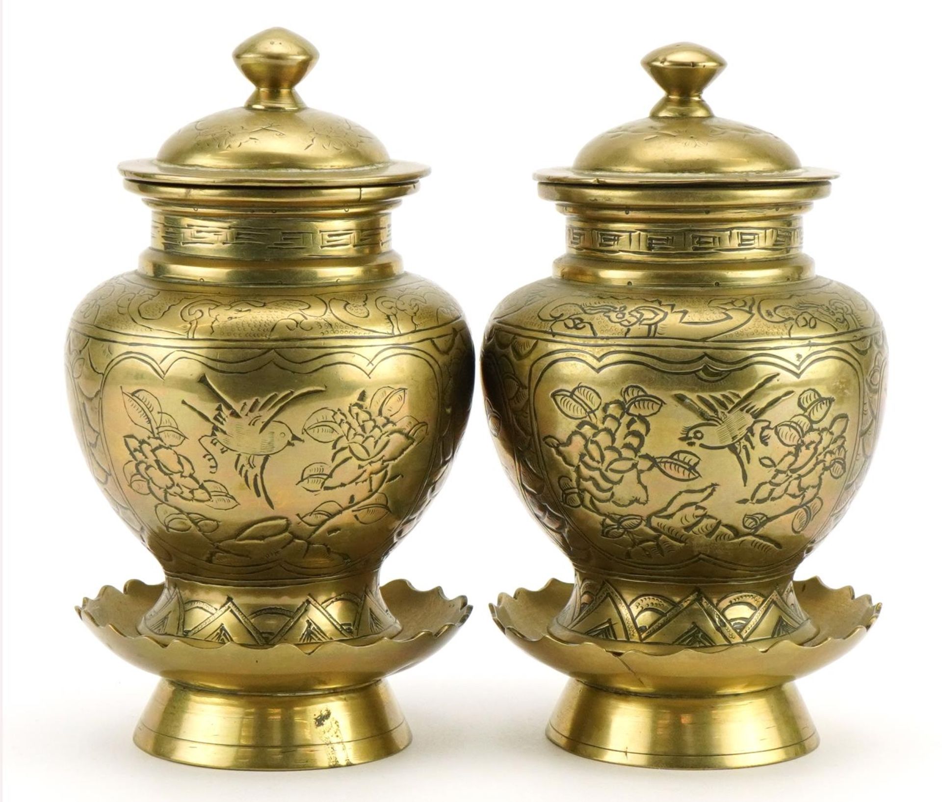 Pair of Chinese bronze vases and covers with stands and engraved with birds amongst cherry - Image 2 of 4