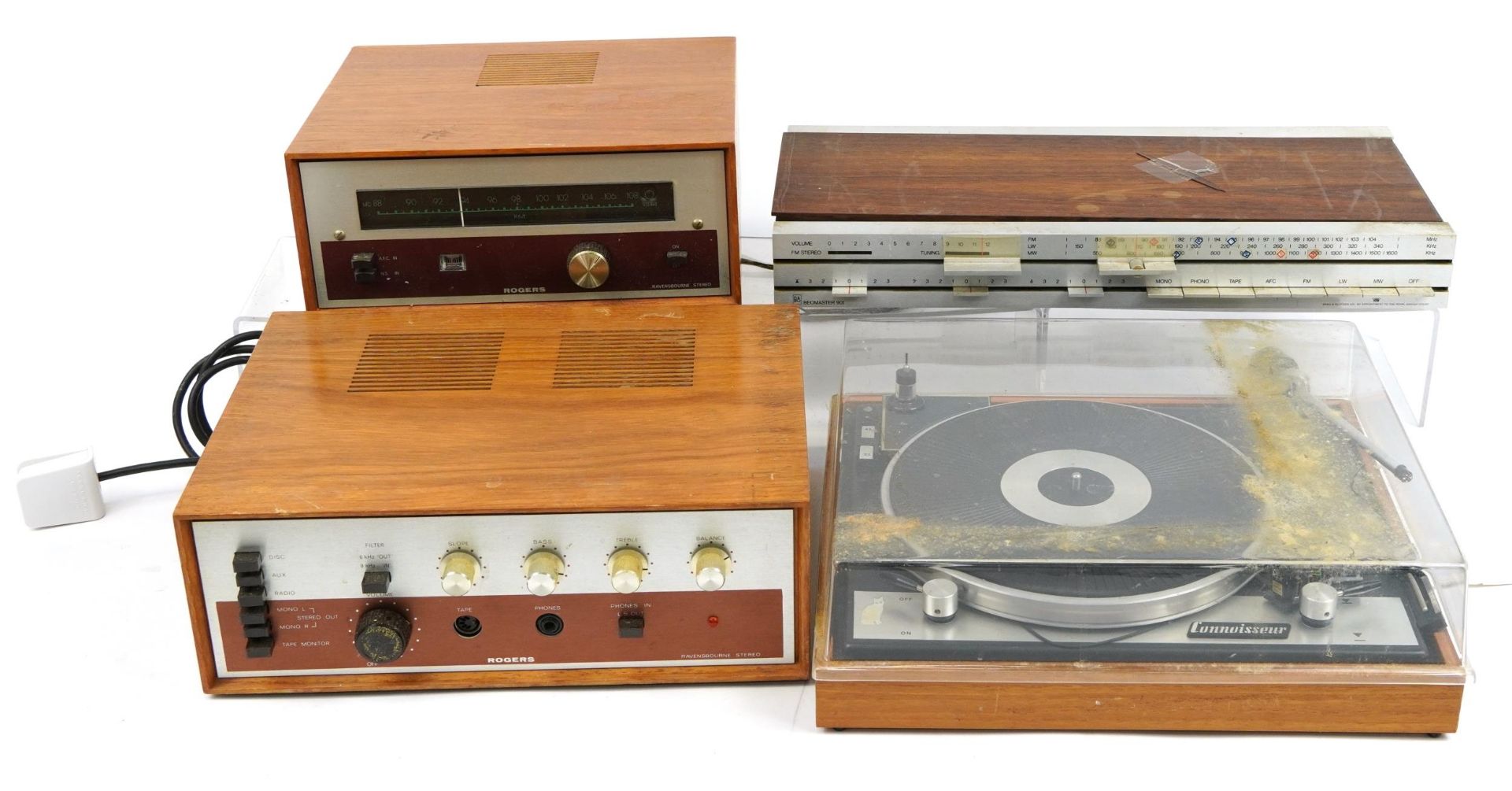 Vintage audio equipment including Connoisseur turntable, Rogers Ravensbourne amplifier, Rogers