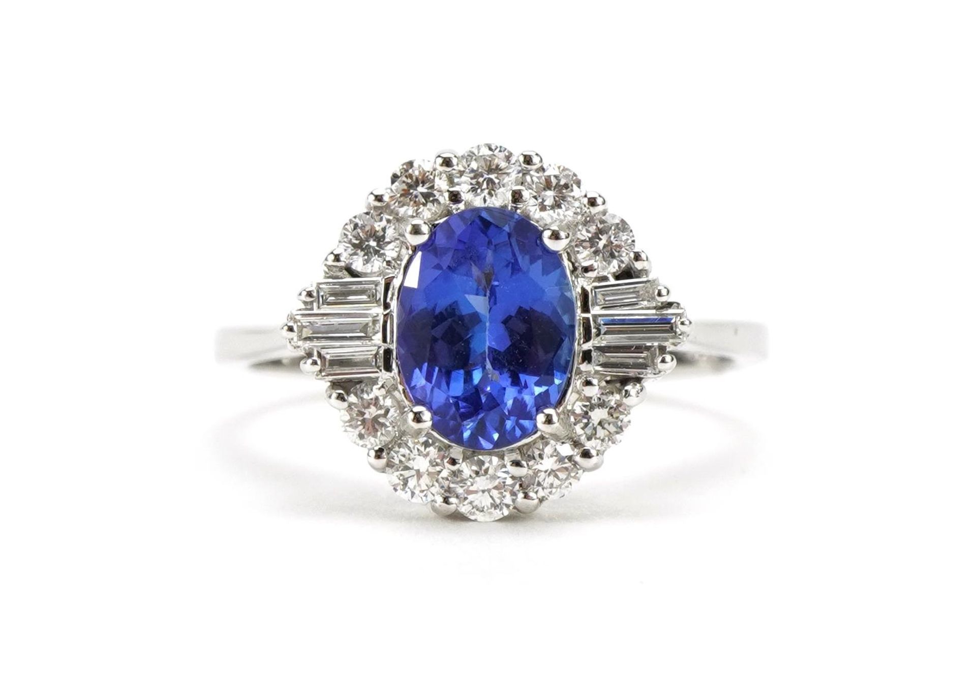 Art Deco style 18ct white gold tanzanite and diamond cluster ring, total tanzanite weight