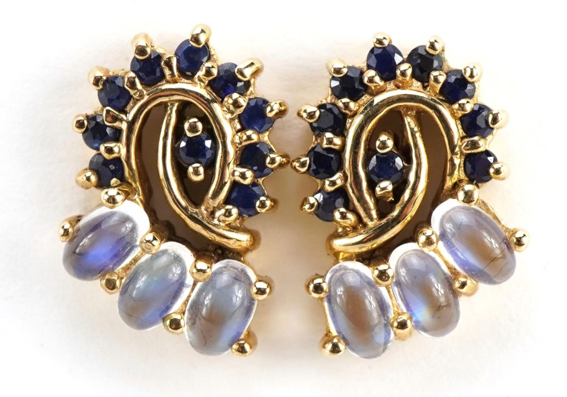 Pair of 9ct gold moonstone and sapphire stud earrings, 1.6cm high, 5.2g
