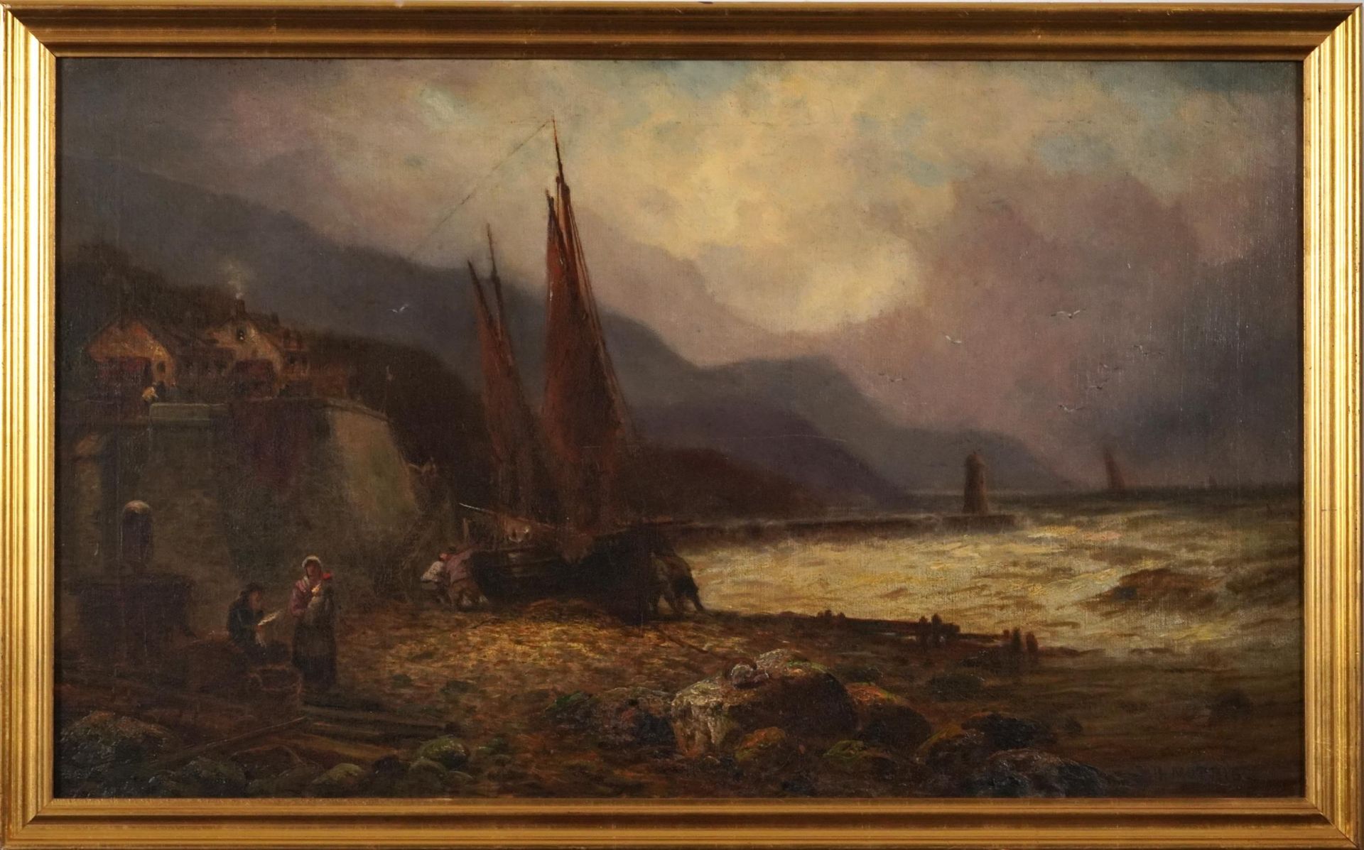 J D Morris - Coastal landscape with figures and moored boats at twilight, oil on board, framed, 75cm - Image 2 of 5