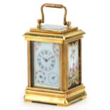 Miniature brass carriage clock with Sevres type panels and Roman numerals, 8.5cm high