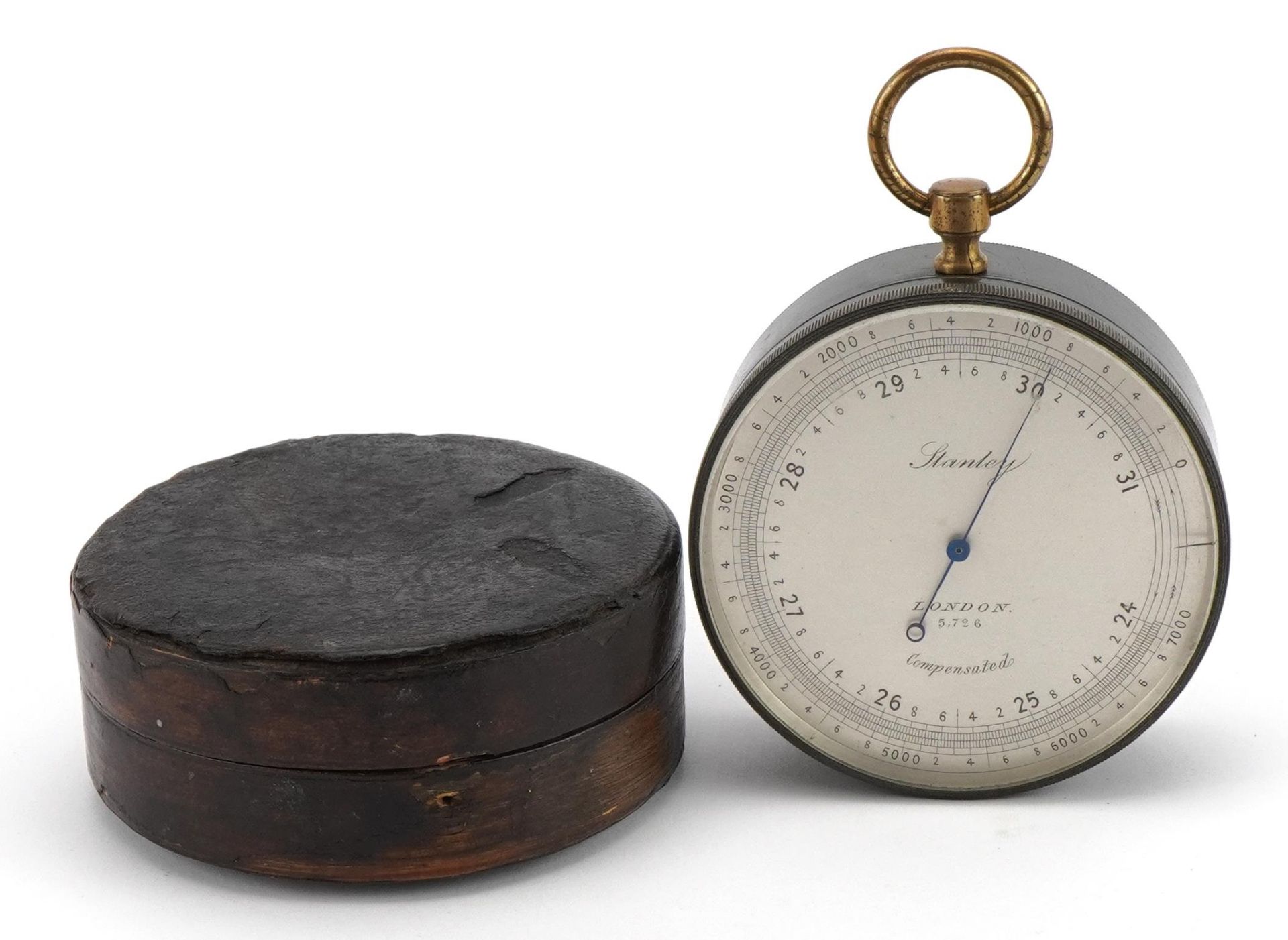 Stanley of London, large 19th century travelling compensated barometer with silvered dial numbered