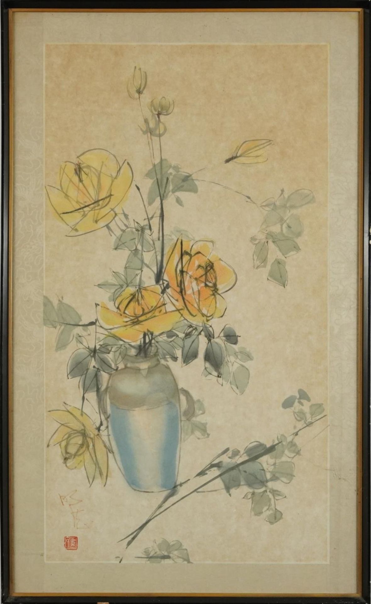 Still life flowers in a vase, Chinese ink and watercolour with red seal mark, mounted, framed and - Bild 2 aus 4