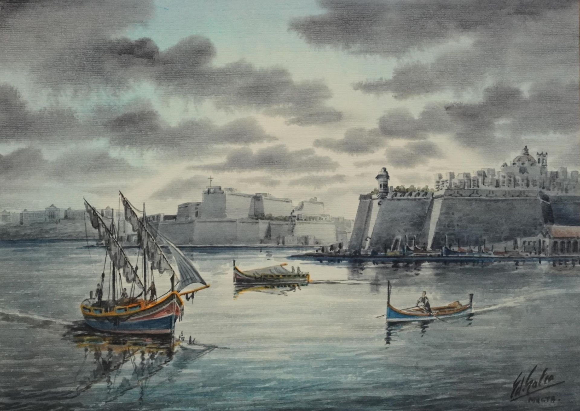 Harbour scene with fishing boats, Malta, watercolour, inscribed Galea, mounted, framed and glazed,