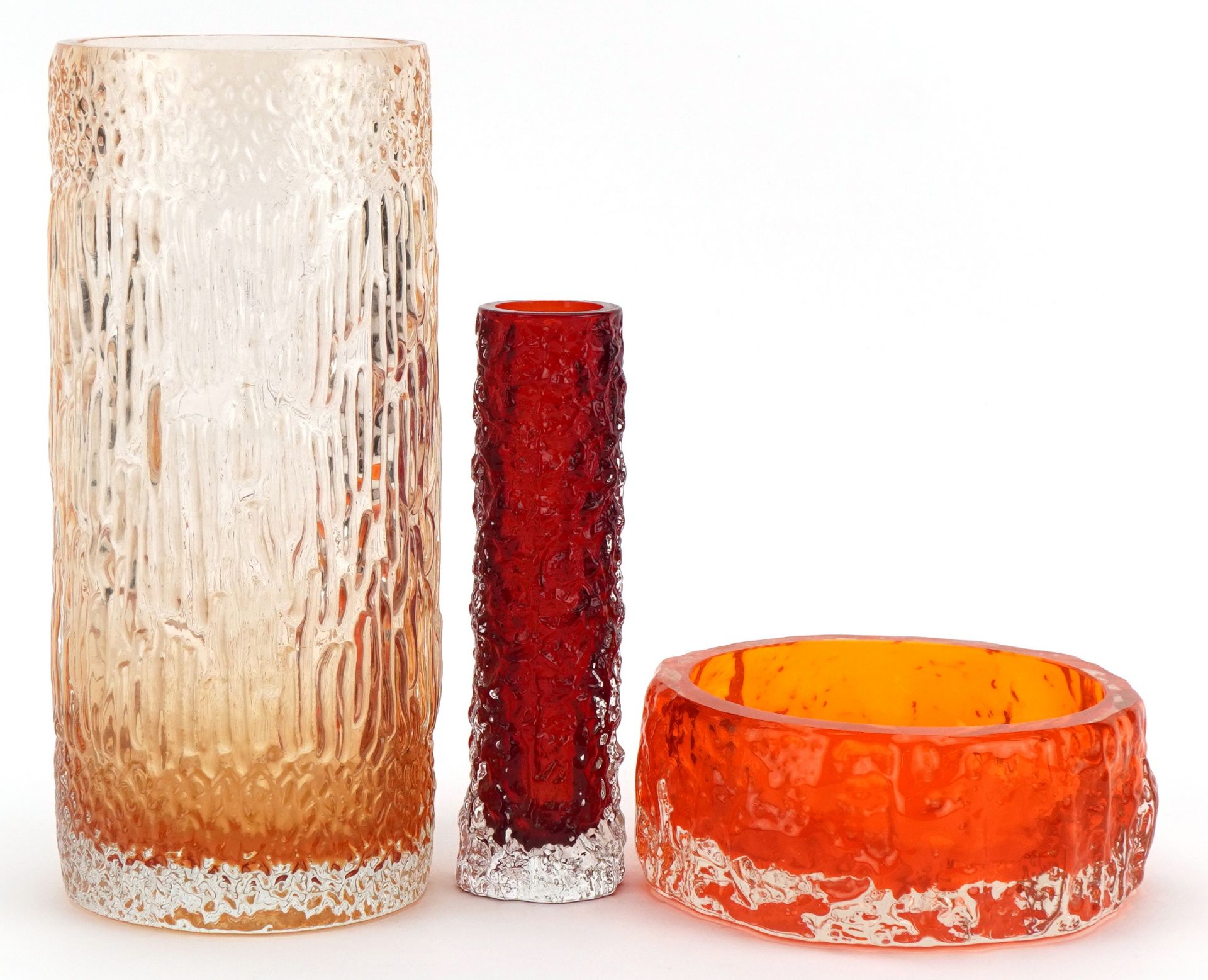 Whitefriars bark design ashtray, red glass vase and similar bark design vase, the largest 21cm high