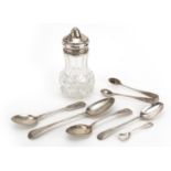 Georgian and later silver items including teaspoons, sugar tongs and cut glass sifter with silver