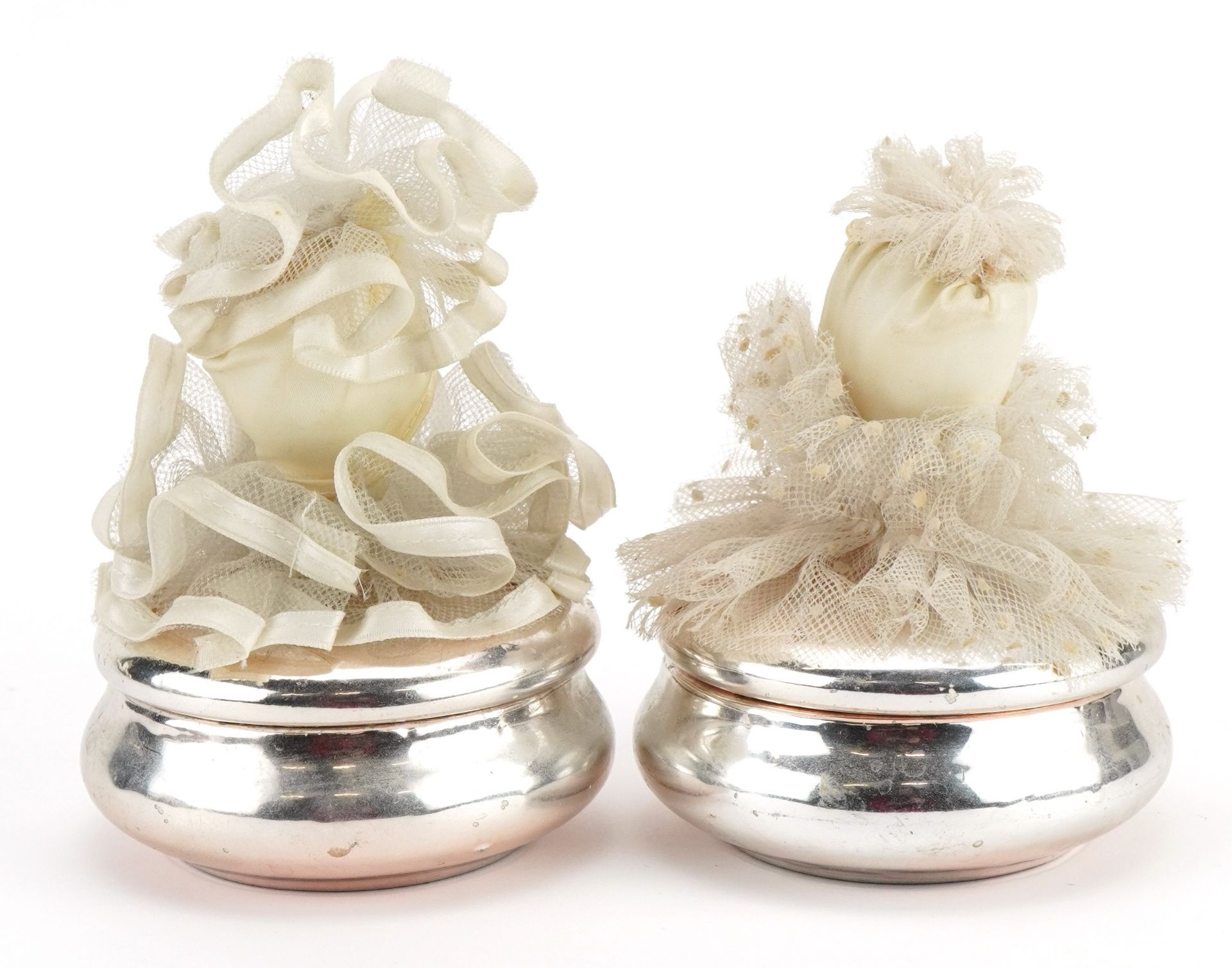 Two vintage Pierrot silver lustre china powder pots and covers with lace frills and hats, 12cm high - Image 2 of 3