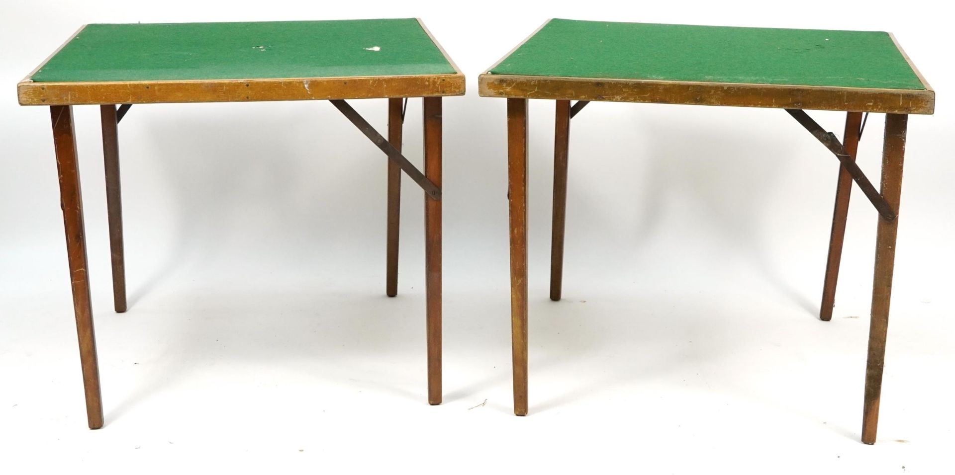 Two wooden green baize folding card tables, 77cm square