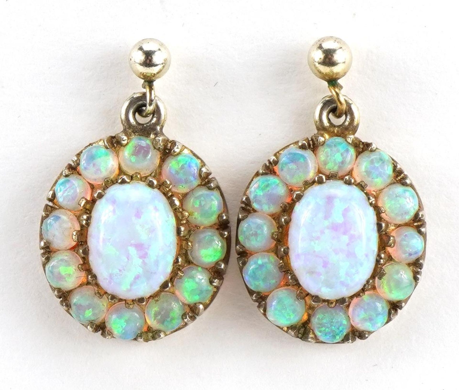 Pair of silver Gibson opal style cluster drop earrings, 2.1cm high, 3.0g