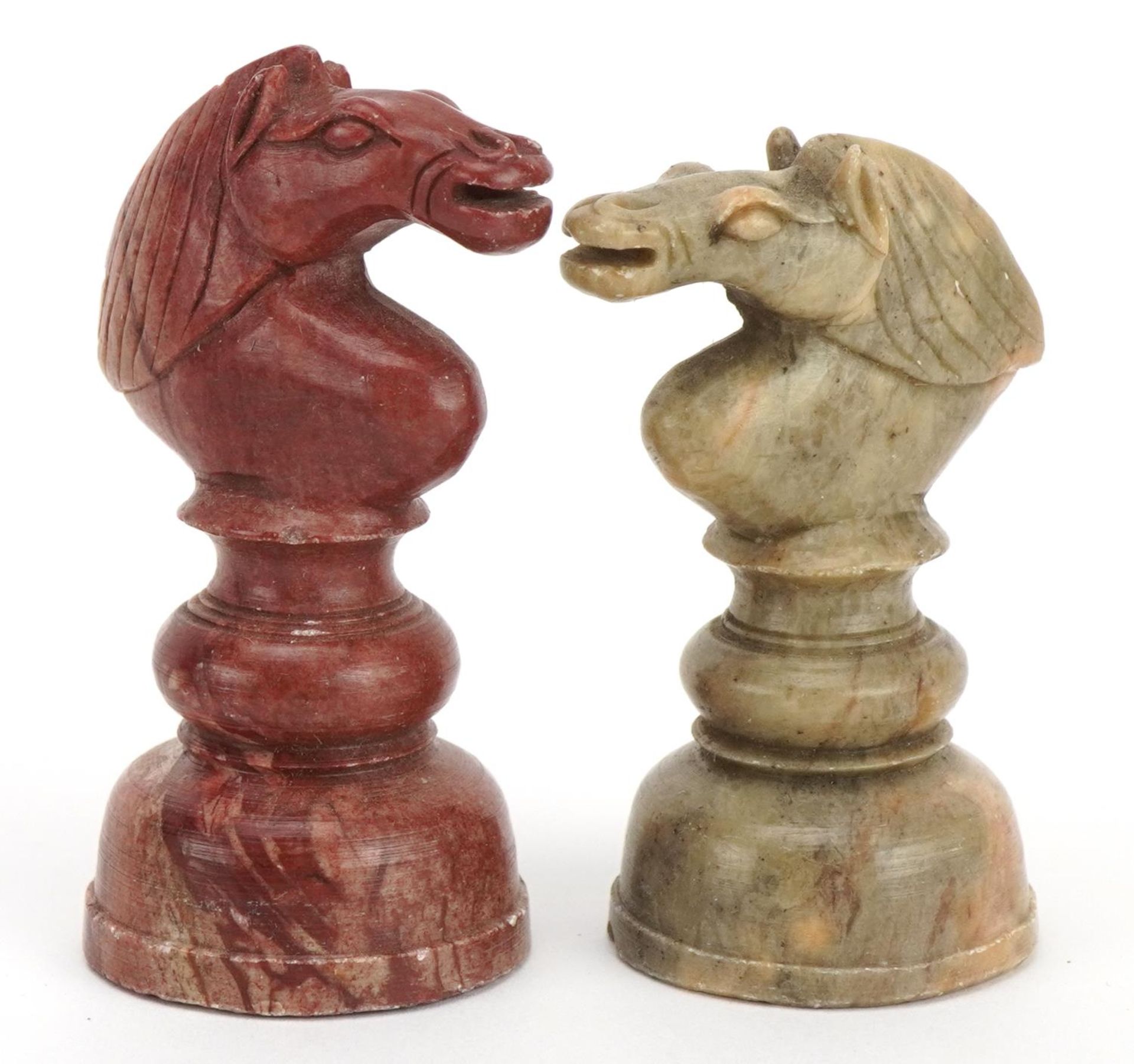 Chinese carved soapstone chess set and draughts pieces housed in a pine box, the largest pieces 10. - Image 5 of 7