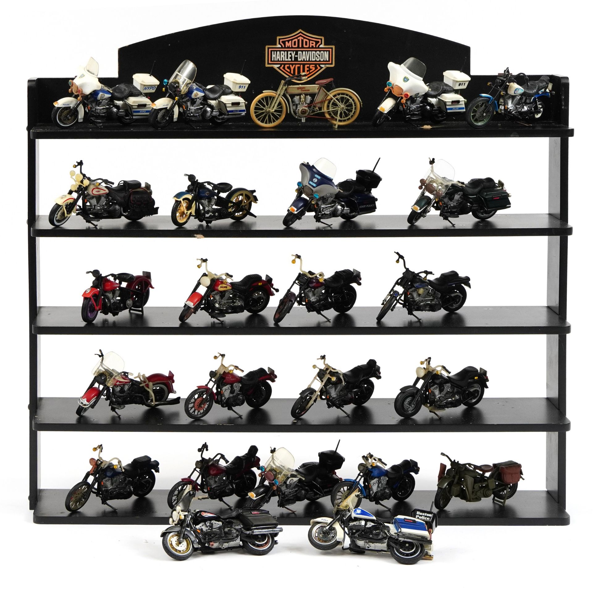 Collection of Maisto model motorbikes with wall hanging display shelves, the shelves 56.5cm high x