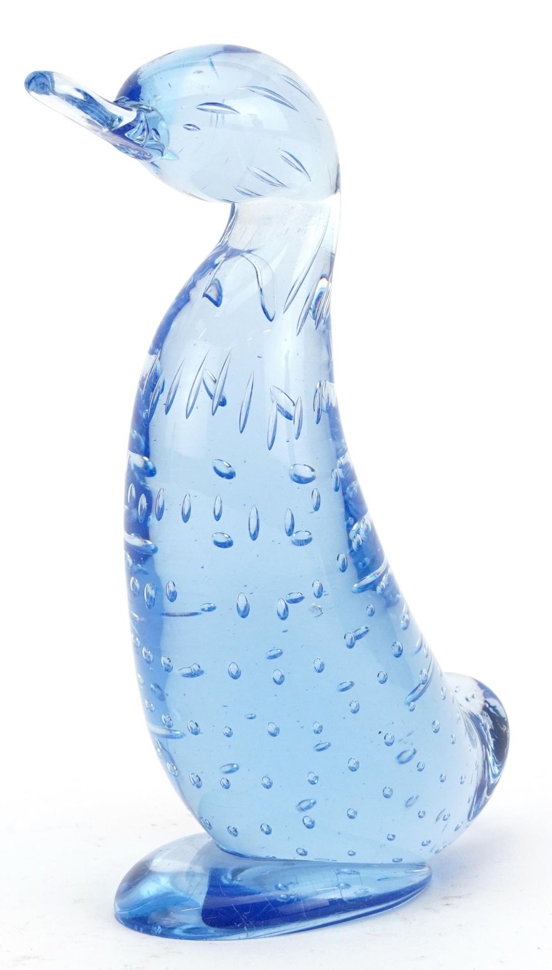 Blue Whitefriars glass duck, 17cm high