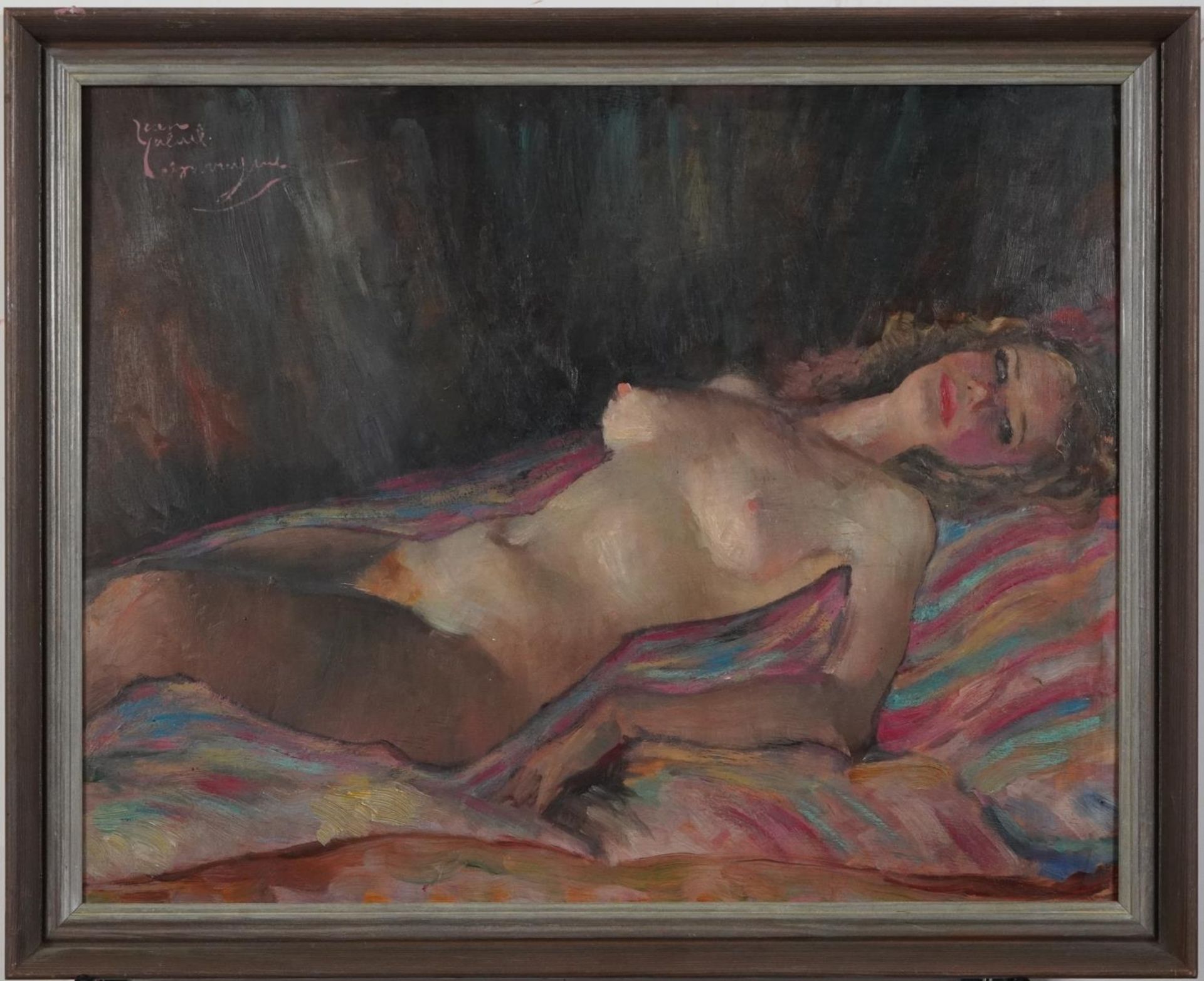 Reclining nude female, continental oil on board, mounted and framed, 50cm x 40cm excluding the mount - Image 2 of 4
