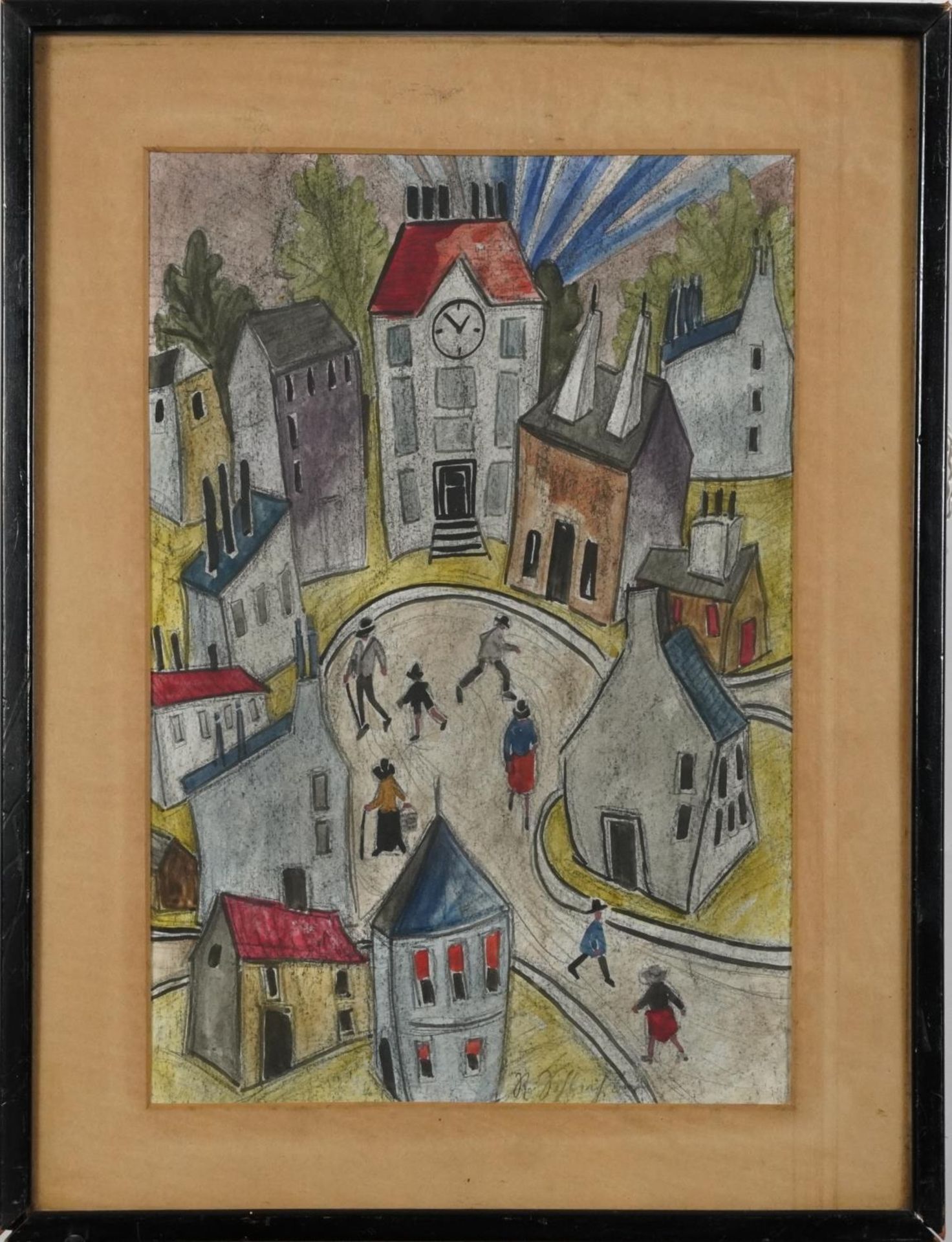 Street scene with figures walking about before buildings, mixed media, partial labels verso, - Bild 2 aus 5